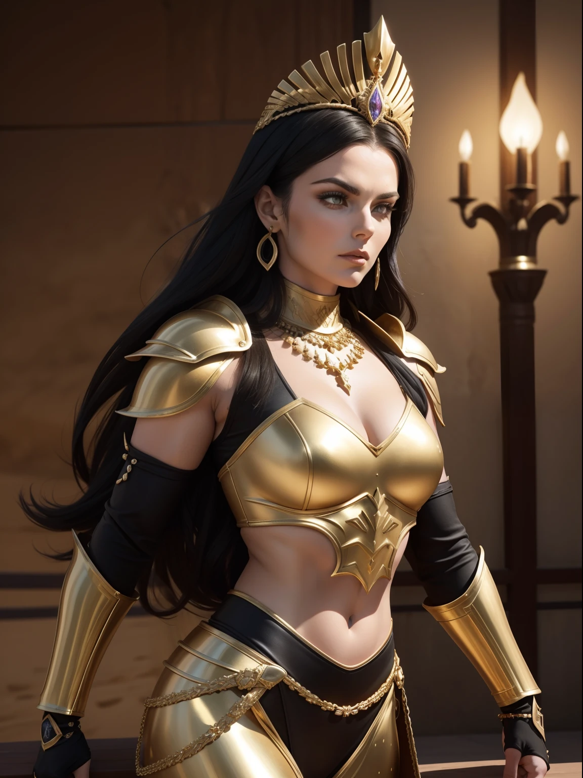 ( dunas do deserto ) Lindsey Vonn with black hair like a MYTHOLOGICAL DIVA in a black leather armor with gold details, golden armlets, braceletes dourados largos, discreta tiara dourada na testa coxas expostas, Arms flexed with clenched fists, look-at-camera , Curvilinear athletic body, look-at-camera, Musculatura suavemente definida, guerreira destemida, image: magestica, front view, perspectiva de corpo inteiro, Realismo 32K