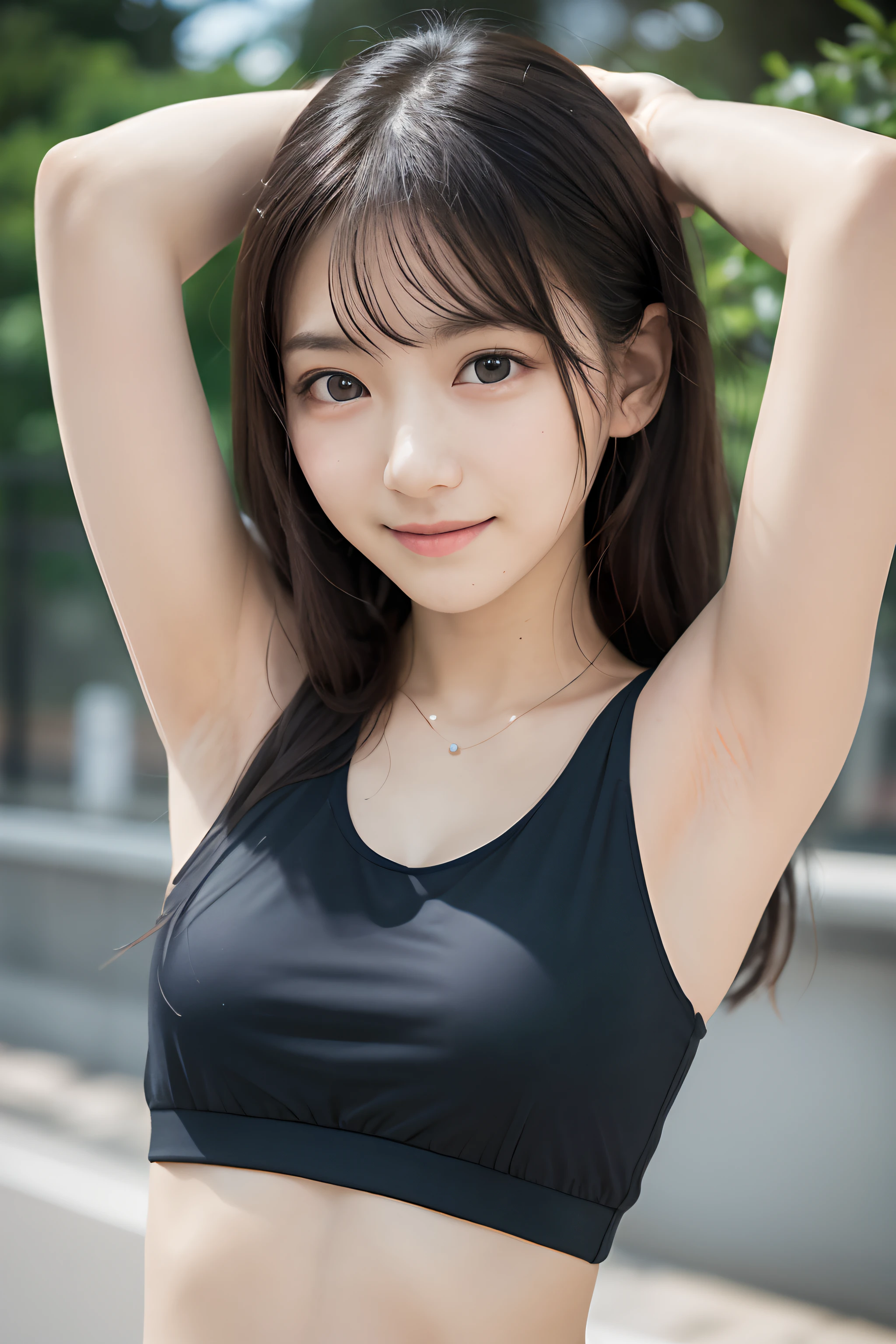 masutepiece, Best Quality, 8K, , Teen, Raw ph award winning portrait, Smile, Smile, Solo,See-through tank top、no-bra、Arm Raising Pose、Armpit、Nipple protrusion、 Night, neons, Idol face, violaceaess, gardeniass, Delicate girl, Upper body, Digital SLR, Looking at Viewer, Candid, Sophisticated, zora々Right, Thin arms, Professional Lighting, Film grain, chromatic abberation, (Eyes and faces with detailed:1.0), (Bokeh:1.1)