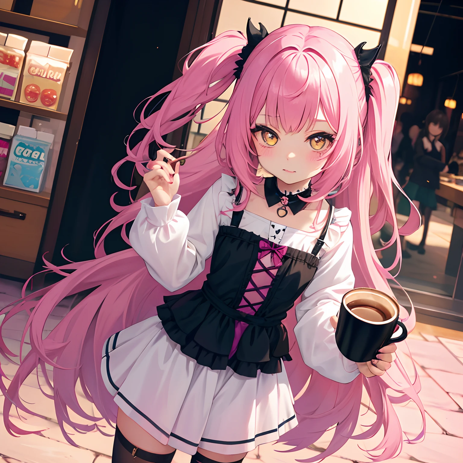 1 goth cat, Solo, Cute Girl, Small Girl, Inside a coffee cup, candy, Pastel colors, Adorable cute girl, Cute