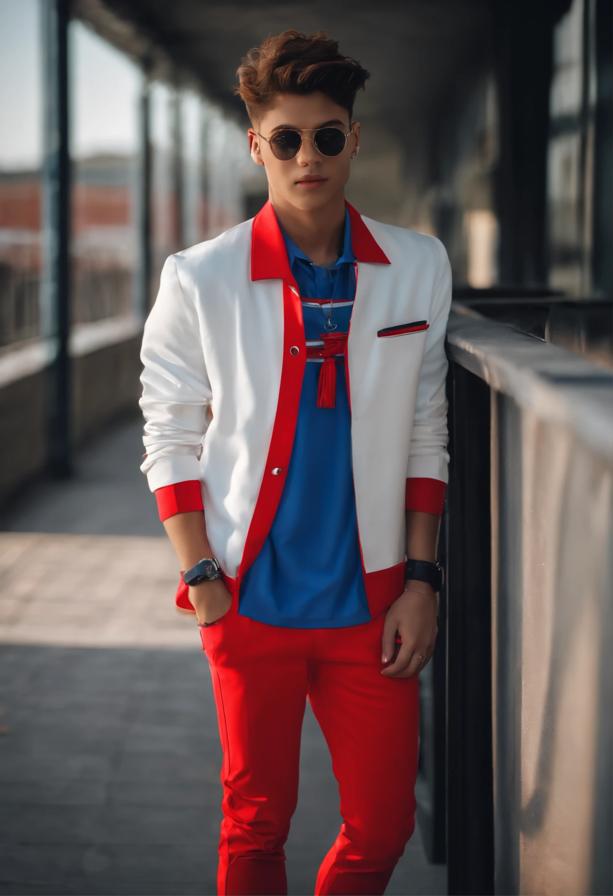 handsome boy on school side, wearing cool outfit, ultra realistic human, male, wear bue white red outfit black neon pant, white red blue shoes neon , round face male, round face,
