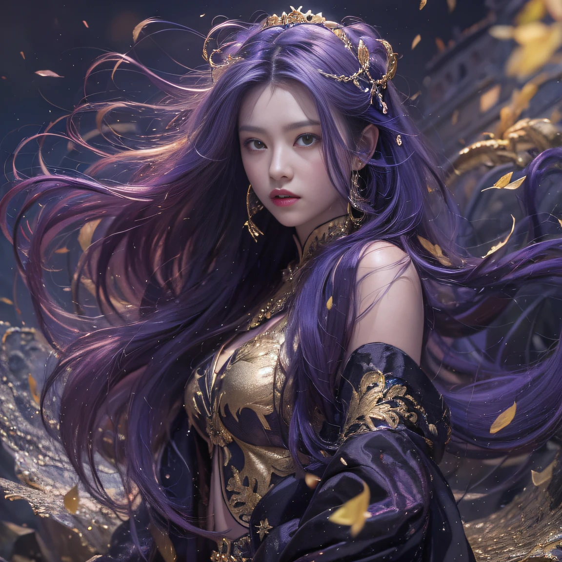 Genki Girl 32K(tmasterpiece,k hd,hyper HD,32K)Long flowing bright purple hair,Autumn Pond,zydink, a color, Asian people (Genki girl), (Black and gold scarf), Combat posture, looking at the ground, long whitr hair, Floating bright purple, Fire cloud pattern gold tiara, Chinese long-sleeved gold silk garment, (Abstract metaverse splash:1.2), white backgrounid,Lotus vitality protector(realisticlying:1.4),Bright purple hair,Smoke on the road,The background is pure, A high resolution, the detail, RAW photogr, Sharp Re, Nikon D850 Film Stock Photo by Jefferies Lee 4 Kodak Portra 400 Camera F1.6 shots, Rich colors, ultra-realistic vivid textures, Dramatic lighting, Unreal Engine Art Station Trend, cinestir 800,A girl with long flowing bright purple hair