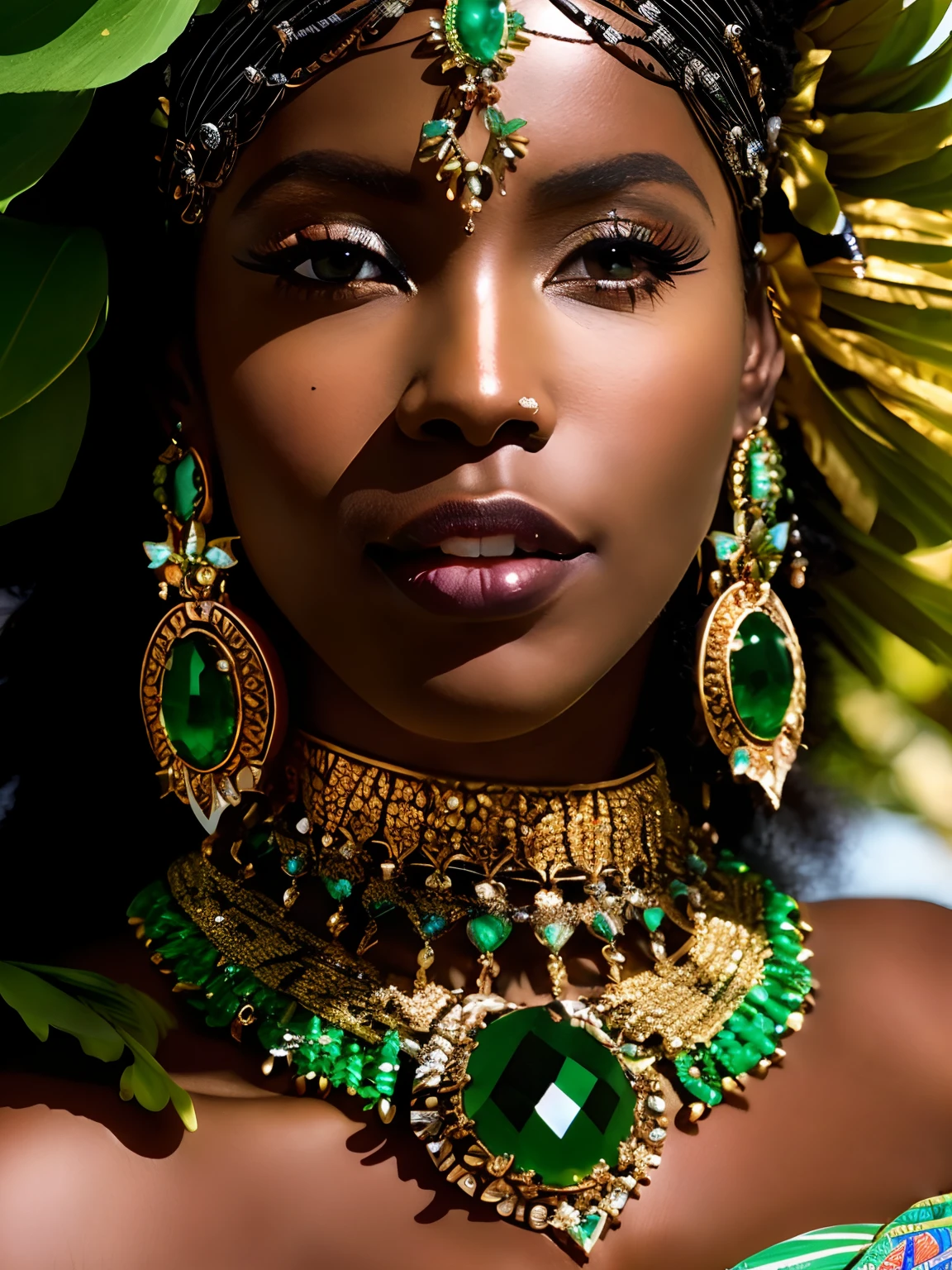 a close up of a woman wearing a green headdress and jewelry, stunning african princess, dark skin female goddess of love, gorgeous woman, a stunning portrait of a goddess, black african princess, portrait of a beautiful goddess, african princess, dark skin, dark complexion, african queen, goddess close-up portrait, goddess jewelry, covered in jewels, insanely gorgeous beautiful woman