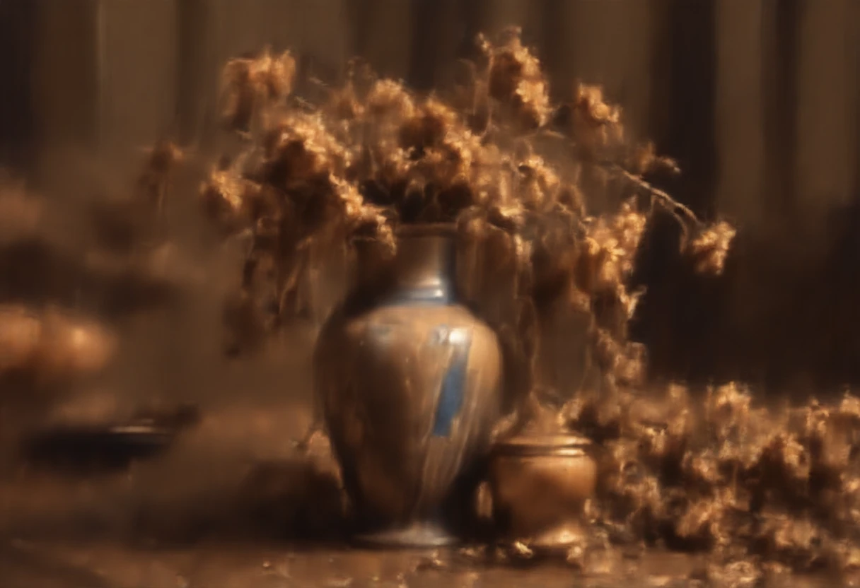 an artistic painting , ((impressionism_painting style)) , 8k , hyper detailed ,(( Masterpiece)) , work of art , ((A vase with withered flowers on the table : 3)) and( a candle next to the vase). The table and chairs should be in an old house and ((((behind it there is a window to a green garden)))