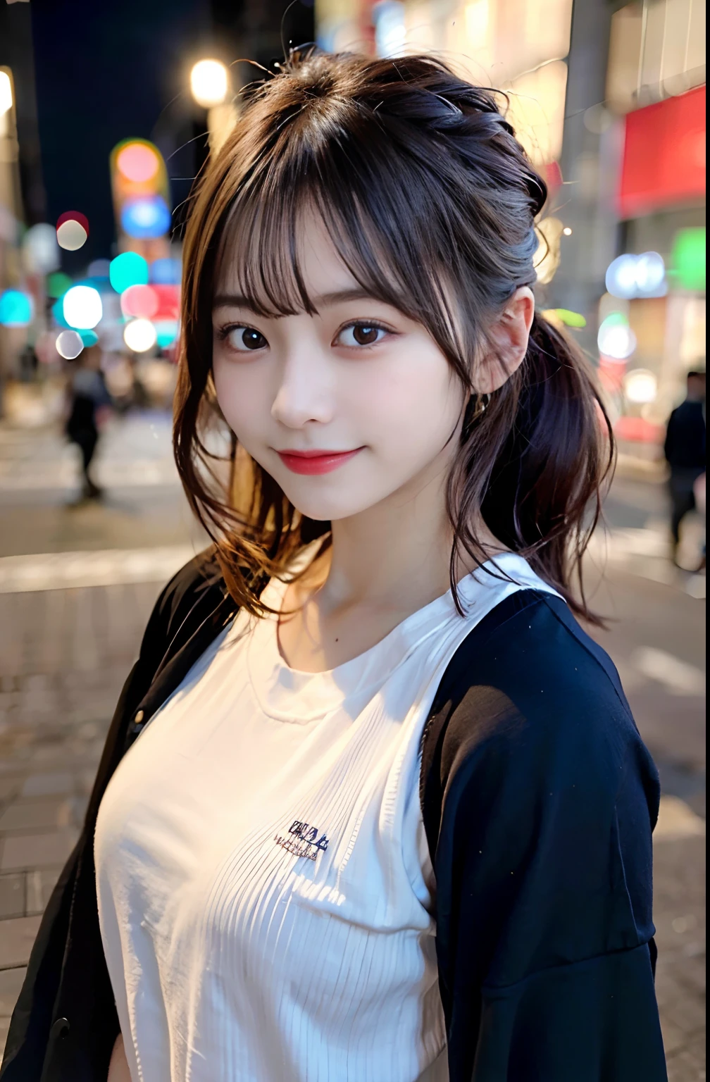 Tabletop, Highest quality, figure, Very detailed, In detail, High resolution, 8k wallpaper, Perfect dynamic composition, Beautiful attention to detail, Casual clothing、ponytail,Center of chest, Natural color lip, Bold sexy pose,smile,Harajuku、20-year-old girl、beauty department、sexy shot looking at camera、Tokyo