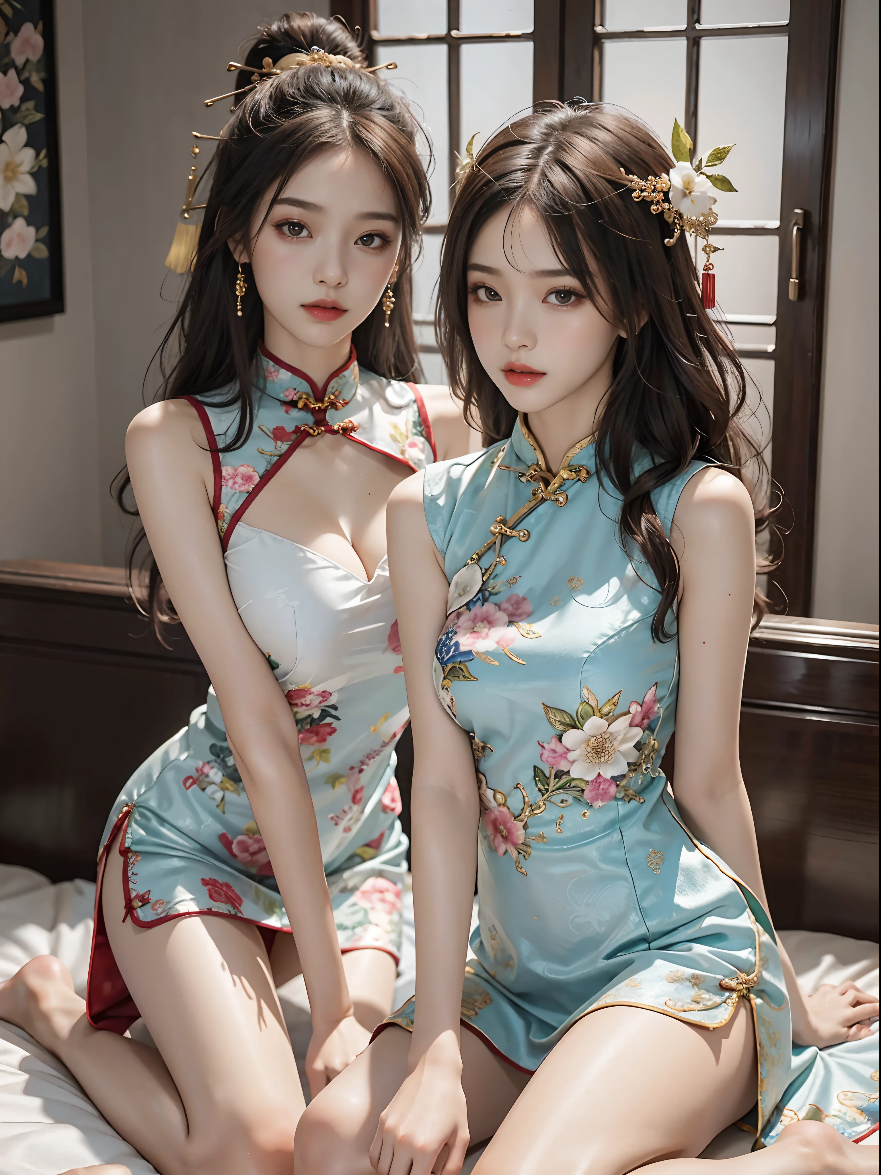 (from outside) (shiny skins), many colors,Best quality at best,tmasterpiece,photograph realistic,intricated details,Raw-Photo,court,Colorful cheongsam in different colors,Extra-long hair,Cropped shoulders,a delicate face,Cleavage exposure,decoration,in bed,Onchipao(Onchipao(On Cheongsam)),lace,Underdressing,decoration,thighs exposed,close-up from the front,looking at camera