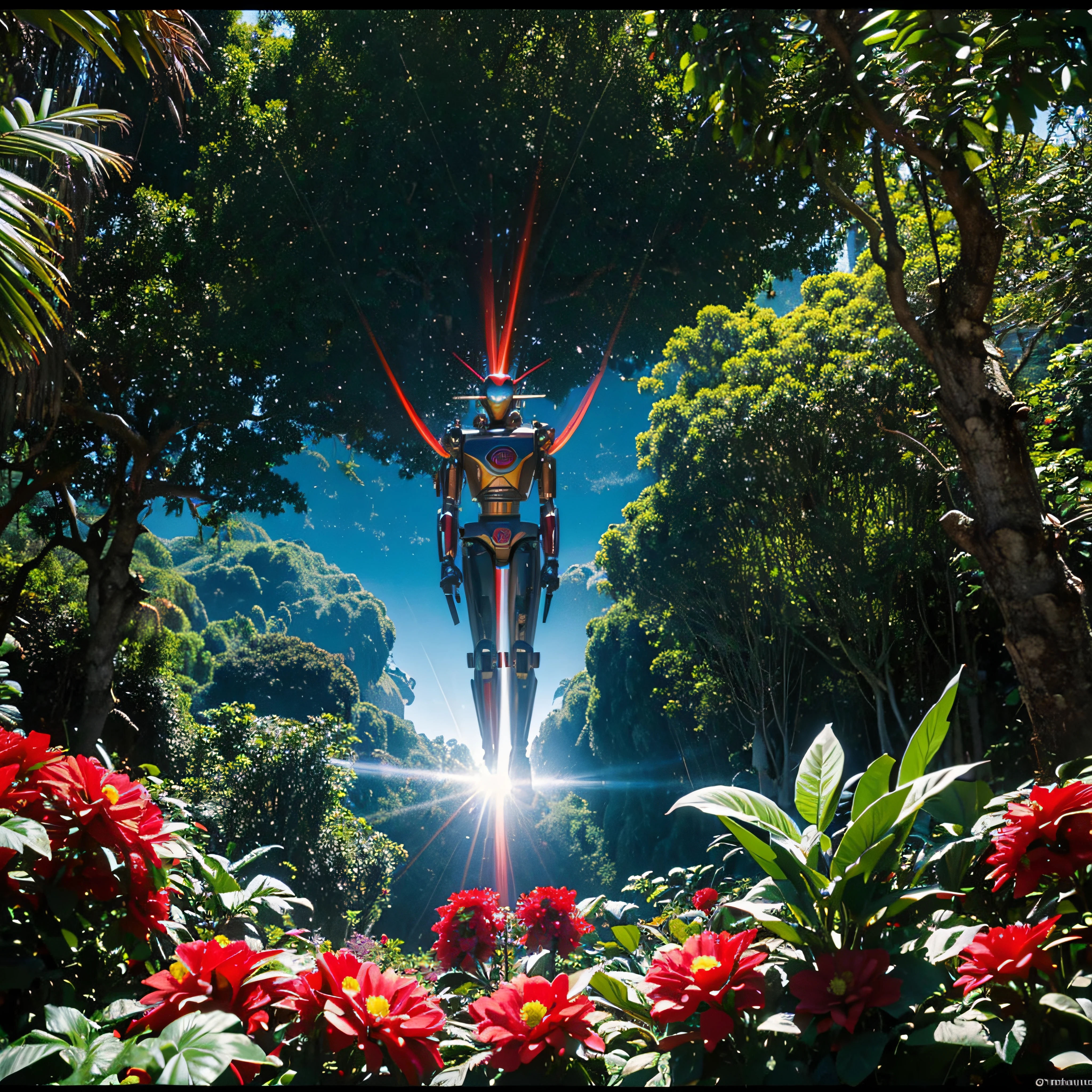 (extremadamente detallado, obra maestra, La mejor calidad, foto antigua, principios de siglo, VHS Aesthetics) robot retro with blood in the robotic hands. in the middle of strange jungle. vegetables from other dimension. epic flowers far away, organic trees with meat. Light Volumetric