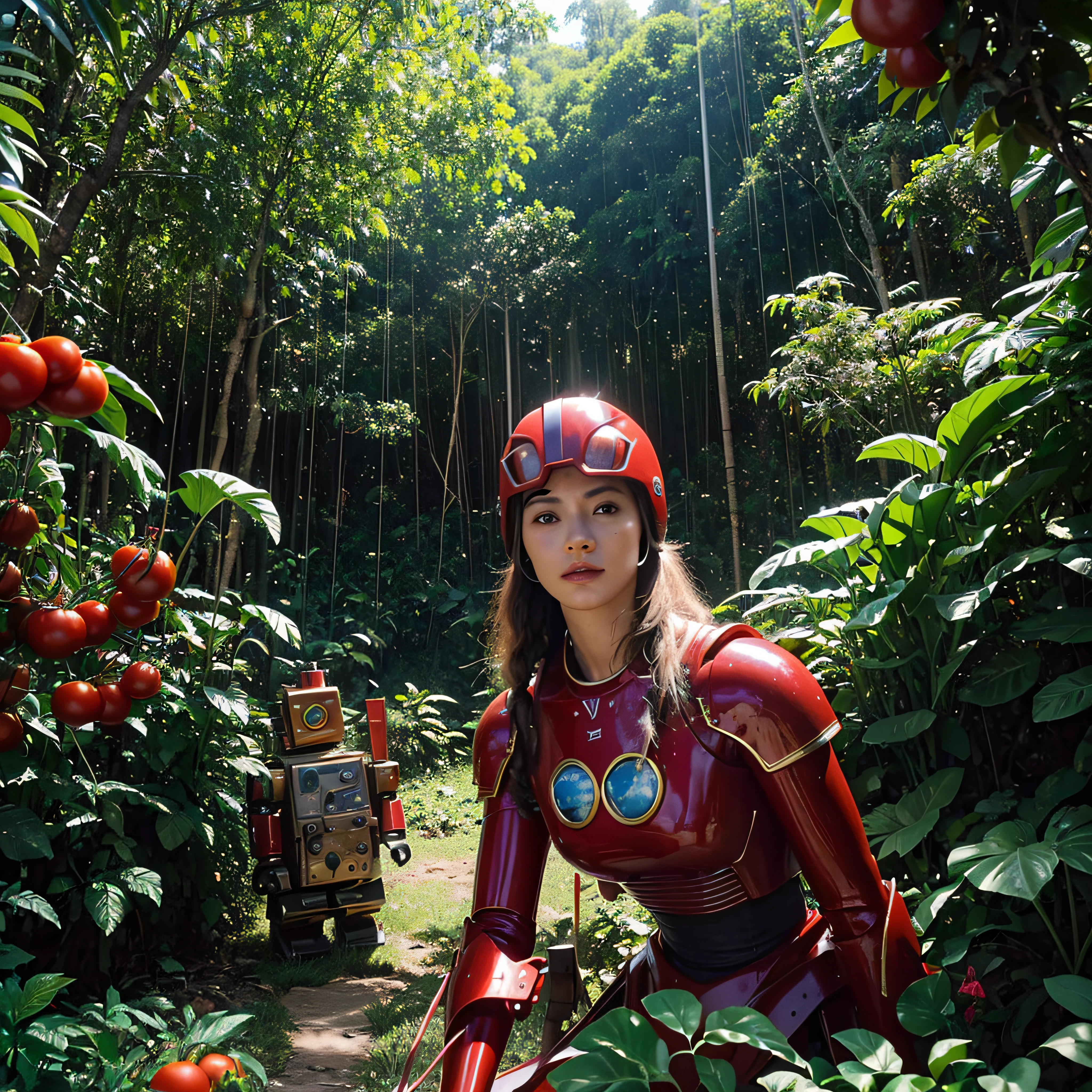(extremadamente detallado, obra maestra, La mejor calidad, foto antigua, principios de siglo, VHS Aesthetics) robot retro with blood in the robotic hands. in the middle of strange jungle. vegetables from other dimension. epic flowers far away, organic trees with meat. Light Volumetric