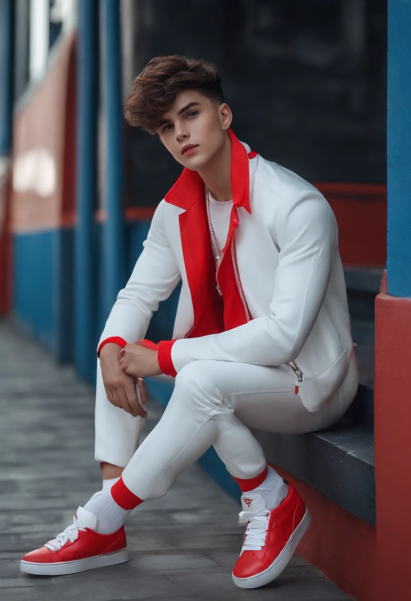 handsome boy on school side, wearing cool outfit, ultra realistic human, male, wear bue white red outfit black neon pant, white red blue shoes neon , round face male, round face,8k full hd, detailed, 8k realistic
