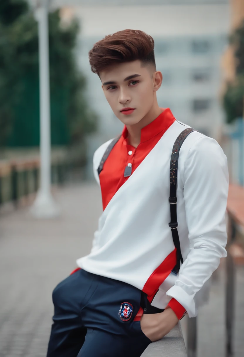 handsome boy on school side, wearing cool outfit, ultra realistic human, male, wear bue white red outfit black neon pant, white red blue shoes neon , round face male, round face,8k full hd, detailed, 8k realistic