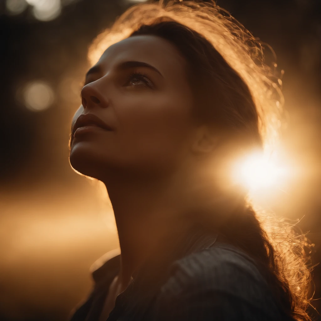 head looking up, Eyes look at the sun, sideface, The sun is on the left side of the face, Romanticism, sparkle, god rays, ray tracing