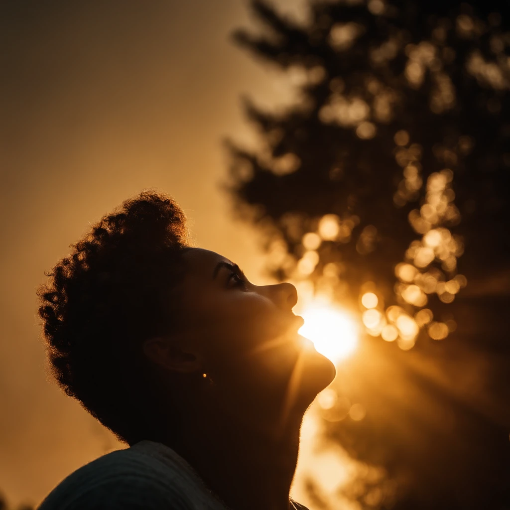 head looking up, Eyes look at the sun, sideface, The sun is on the left side of the face, Romanticism, sparkle, god rays, ray tracing