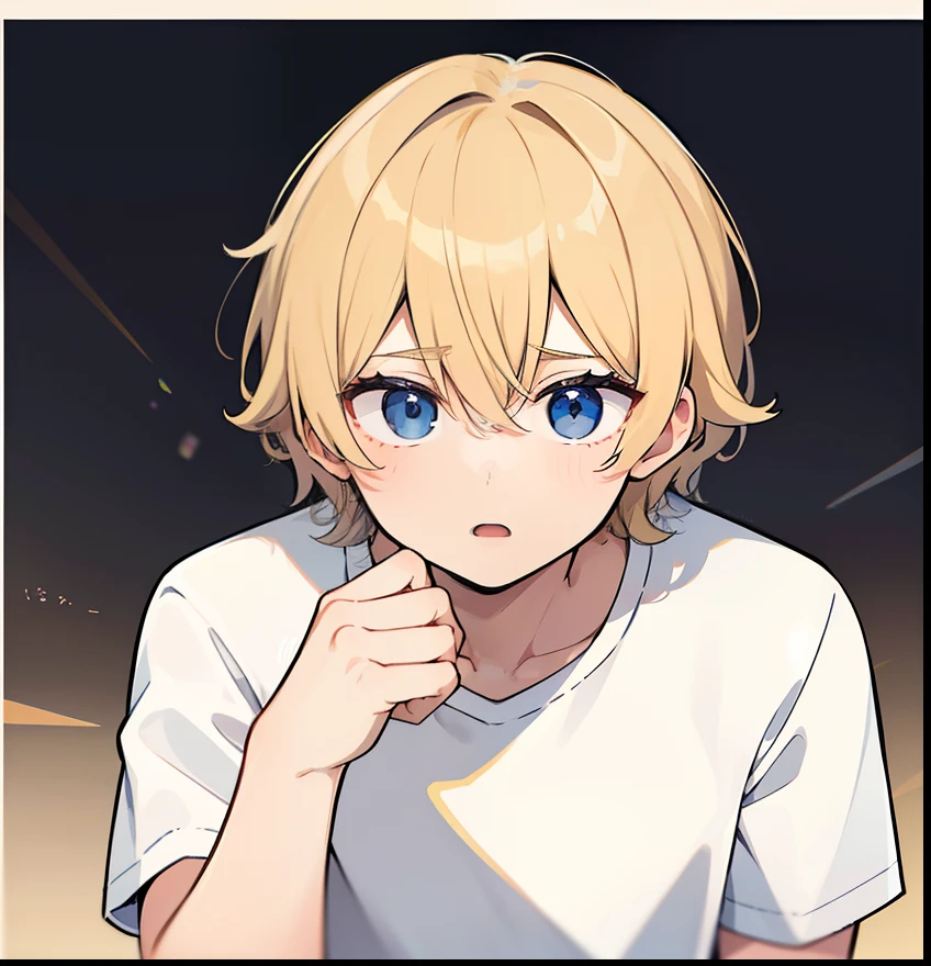 superfine illustration,masutepiece,Animated,1boy,man,Man's,gay,Yaoi,Guy,man,Man's,Short hair,Curly hair,Parted bangs,Blonde hair,Blue eyes,White skin,white  shirt,Handwriting style