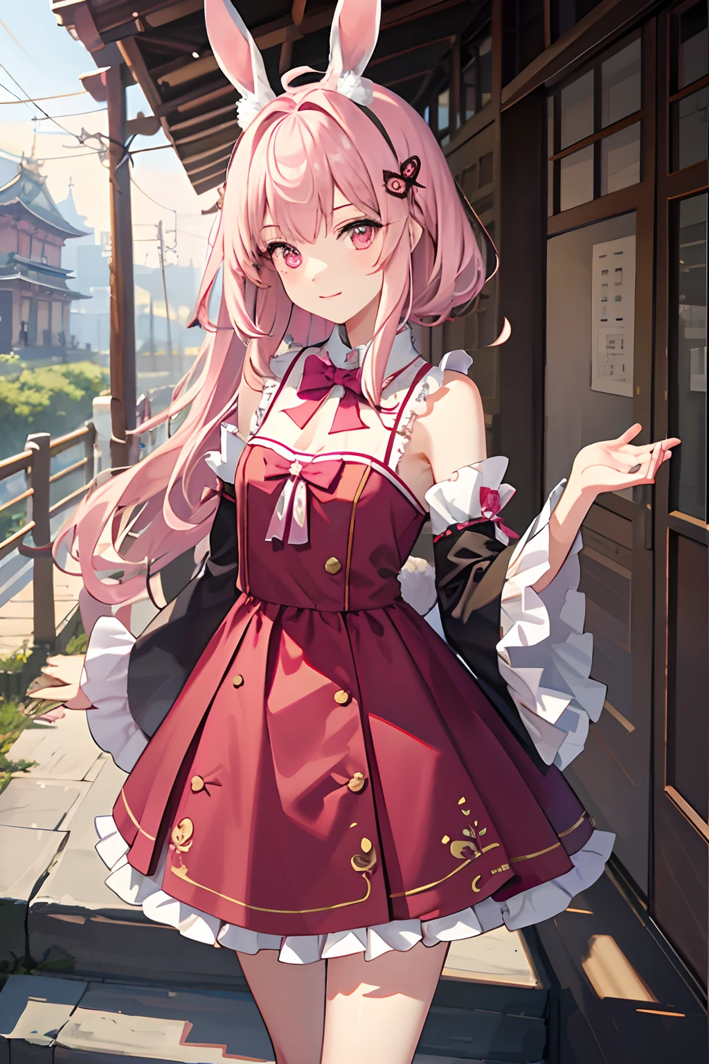 tmasterpiece, Best quality at best, 1girll, Pink eyes, Medium hair, stairways, SakuraNS, temple, Bunny Girl, Separate the sleeves, Animal ear, cheerfulness, Behind the arm,