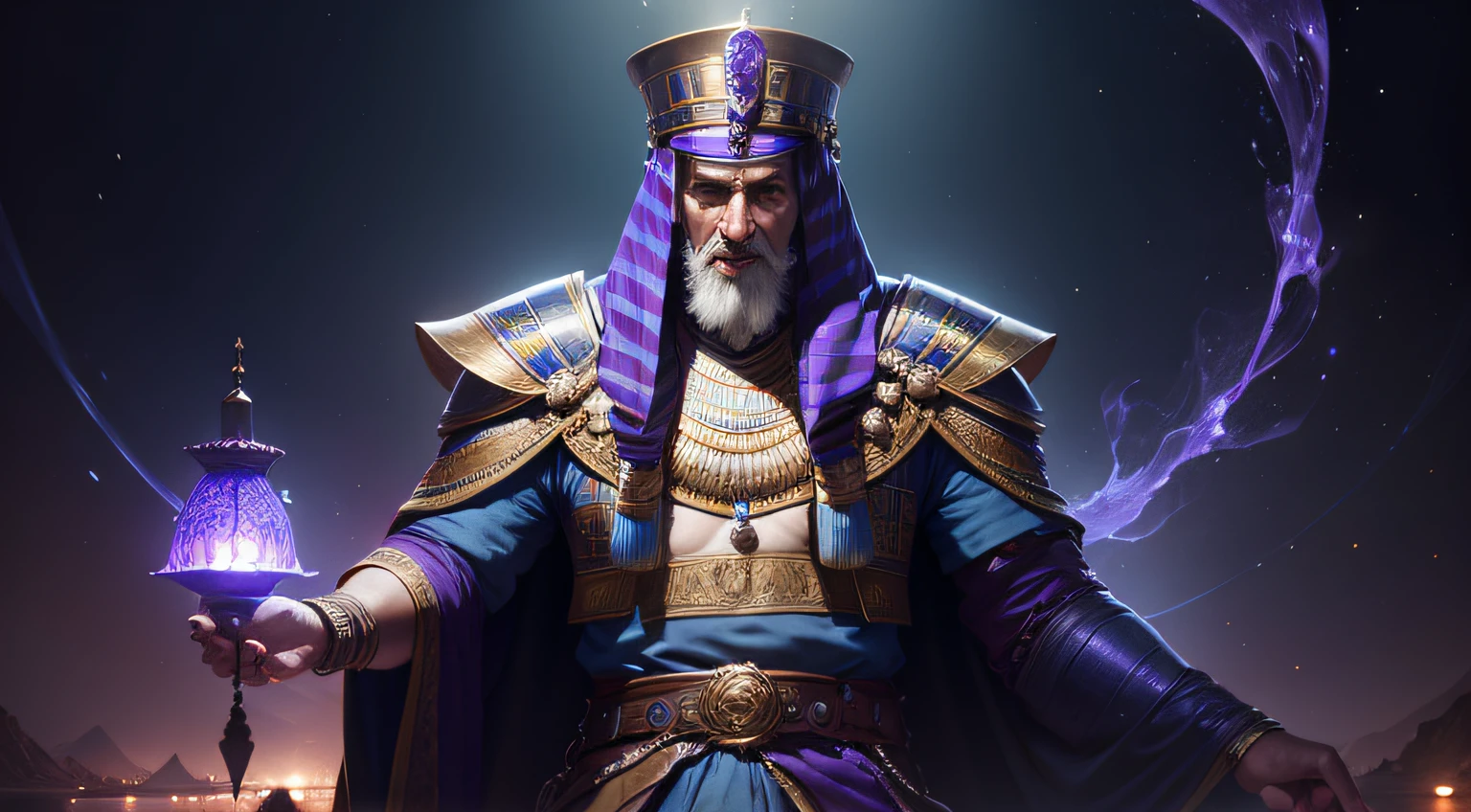 old egypt king with plenty of clothes with 8k egypt landscape with many blue and purple lights