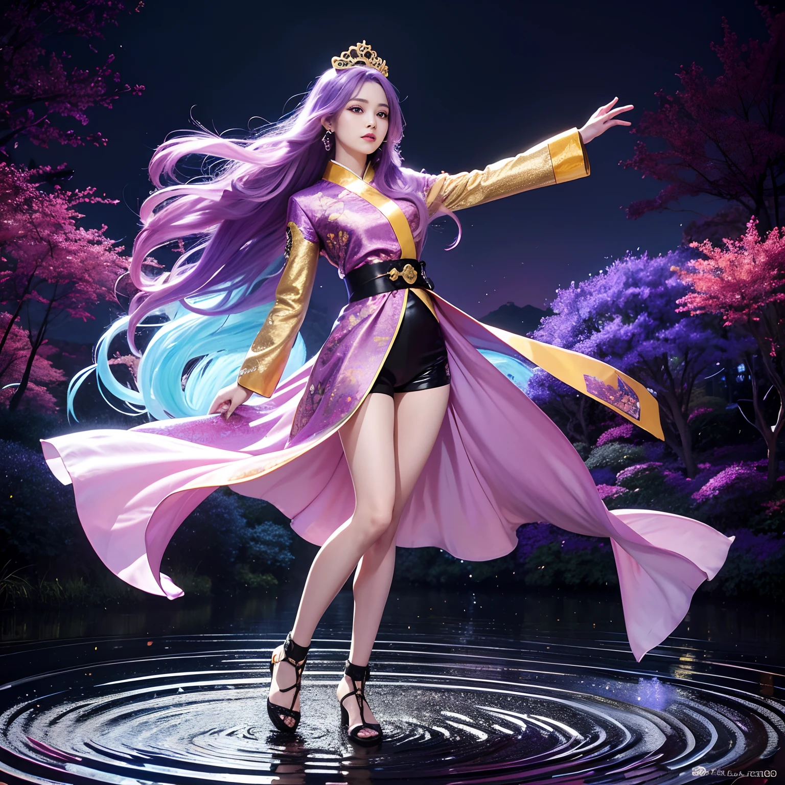 Genki Girl 32K(tmasterpiece,k hd,hyper HD,32K)Long flowing bright purple hair,Autumn Pond,zydink, a color, Asian people (Genki girl), (Black and gold scarf), Combat posture, looking at the ground, long whitr hair, Floating bright purple, Fire cloud pattern gold tiara, Chinese long-sleeved gold silk garment, (Abstract metaverse splash:1.2), white backgrounid,Lotus vitality protector(realisticlying:1.4),Bright purple hair,Smoke on the road,The background is pure, A high resolution, the detail, RAW photogr, Sharp Re, Nikon D850 Film Stock Photo by Jefferies Lee 4 Kodak Portra 400 Camera F1.6 shots, Rich colors, ultra-realistic vivid textures, Dramatic lighting, Unreal Engine Art Station Trend, cinestir 800,A girl with long flowing bright purple hair