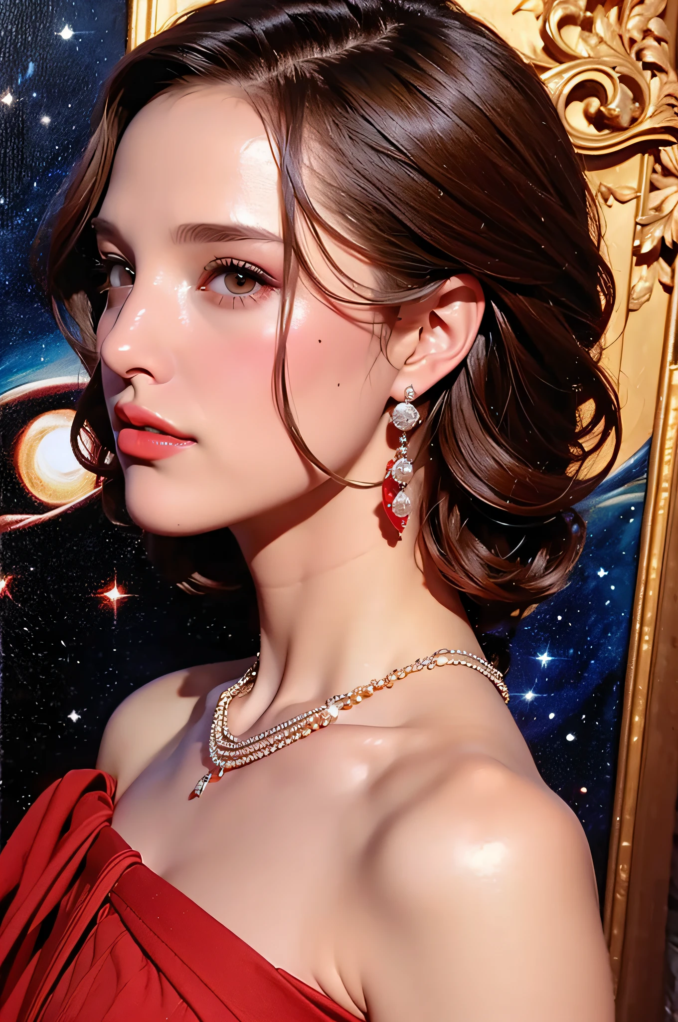 Natalie portman, Oil Painting, renaissance, leonardo da vinci, Model, Modern style, modern clothing, popstar, Cool, Short Hair Red Color Pearl Necklace, earrings, Modern makeup, Red Lipstick, Starry Night, Black Star Dress, Ring, Defined strokes