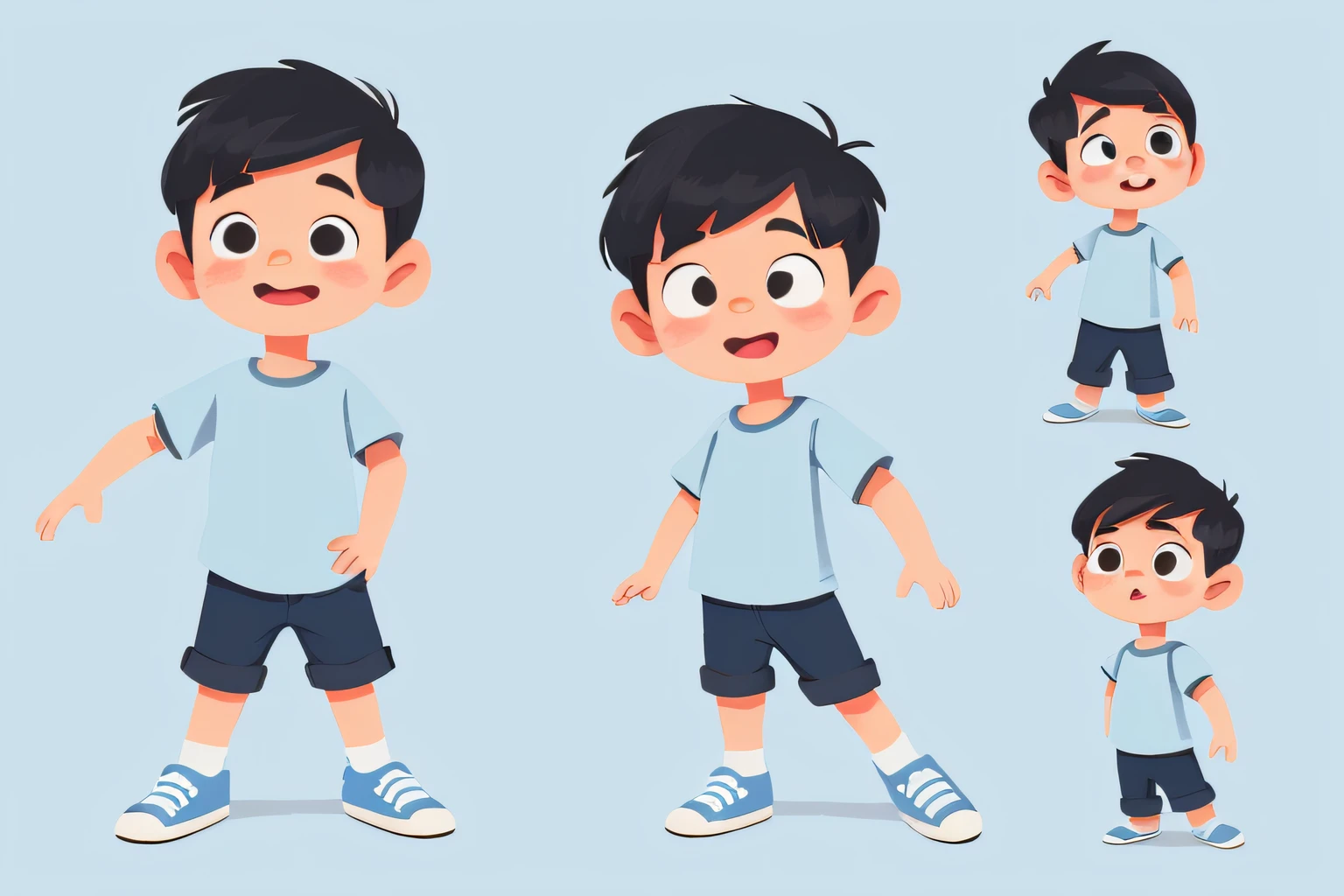 little boy character, illustration style, simple, cute, full color, blue shoes, blue shirt, blue clothes, short black hair, flat colour,  multiple poses and expressions,