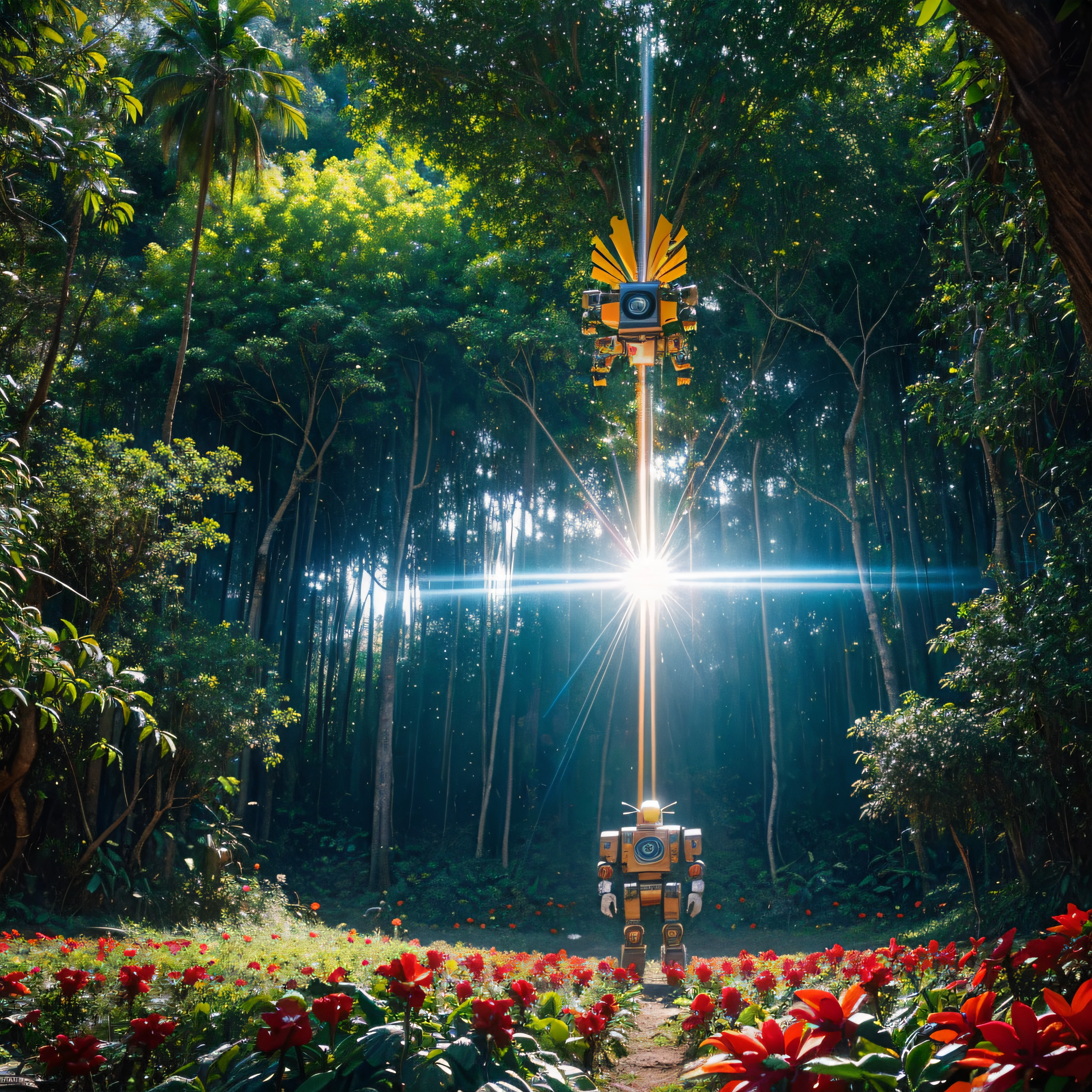 (extremadamente detallado, obra maestra, La mejor calidad, foto antigua, principios de siglo, VHS Aesthetics) robot retro with blood in the robotic hands. in the middle of strange jungle. vegetables from other dimension. epic flowers far away, organic trees with meat. Light Volumetric