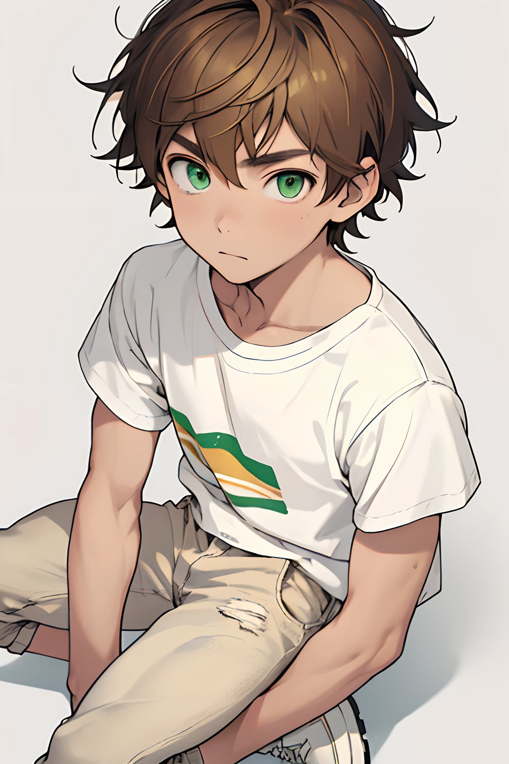simple background、twinks、Face in the upper right、yellow-green eyes、Brown hair color、short-haired、White T-shirt、jeans、White sneakers、1人、ar old