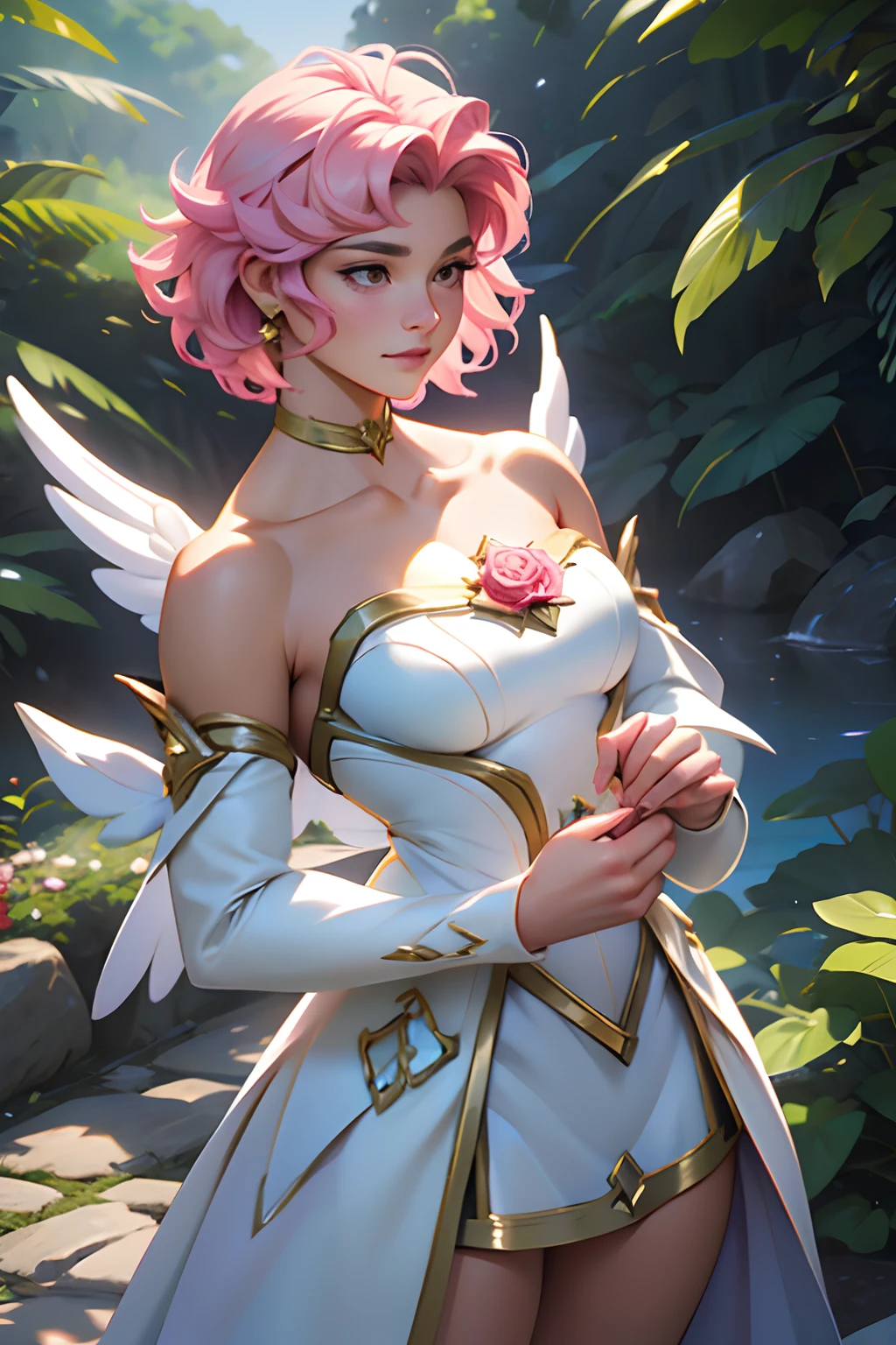 A young magical girl with short, curly hair, cabelos de cor roxa com mechas rosa pastel, wearing a magical starkeeper style outfit with roses, white-themed clothing, roxa e dourada, em uma escola japonesa a noite, Lovely young man, bonita, perfect hands, rosto detalhado, rosto perfeito, Hands Held, detailed hands, tedência artstation, corpo esguio, jovem bonita com asas de cupido