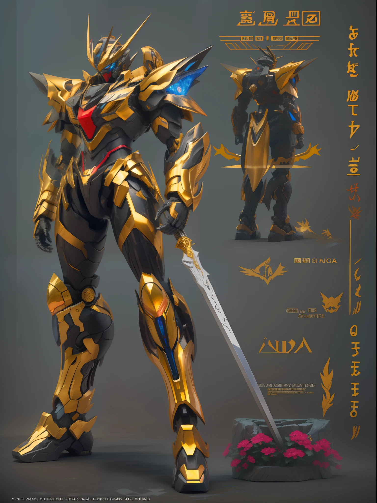 tmasterpiece，Best quality at best，high high quality，the Extremely Detailed CG Unity 8K Wallpapers，The vast sky，Close-up of a man holding a sword and armor, gurenn lagann, getter robo, Katana Zero video game character, concept art of omegamon, The whole body is black-gold armor, full body zenkai! asuka suit, super robot wars, High-tech black gold armor, anime mech armor, inspired by Hiromu Arakawa, greek god in mecha style，Set in a mysterious world full of war elements，art  stations，digital illustrations，复杂，Uptrend，pastel colour，oil painted，award winning photography，Bokeh，depth of fields，hdr，blooms，color difference，真实感，The is very detailed，Art Station trend，CGSociety trends，复杂，high detal，dramatics，Midjourney Art