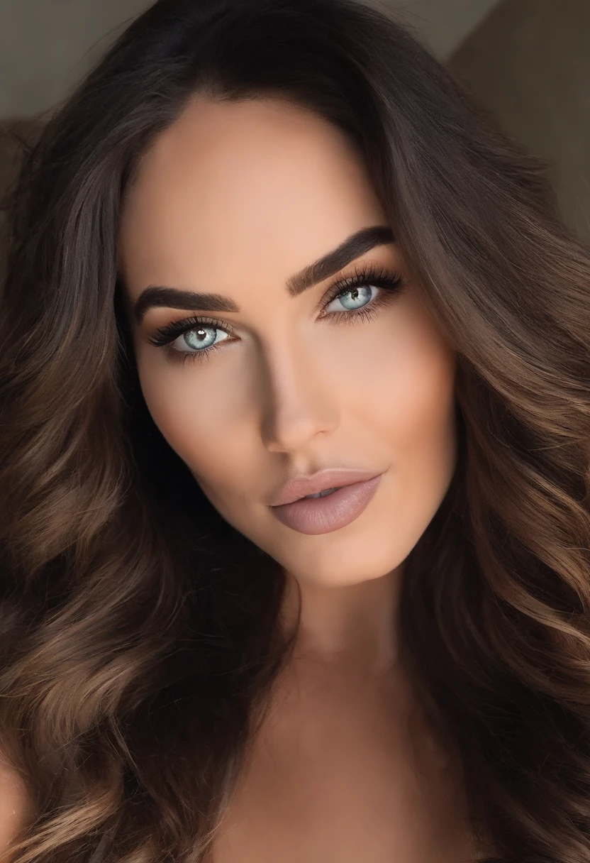Mulher com regata e calcinha combinando, com olhos azuis,Retrato semelhante de Megan Fox, cabelos castanhos e olhos grandes, Selfie de uma jovem mulher, Olhos no quarto, Violeta Myers, ohne Maquiagem, Maquiagem natural, staring directly at camera, Rosto com Artgram, dezentes Maquiagem, Foto deslumbrante de corpo inteiro, No quarto, Fission