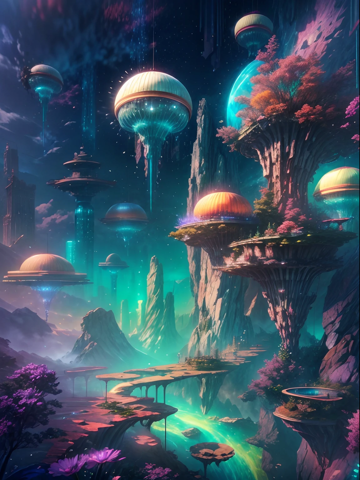 (Futuristic style:1.8),Generate a realistic futuristic landscape with beautiful, gorgeous romantic architecture, the Flying Future Complex, crystal waterfalls from the Flying Future Complex, and highly detailed flowers this is the flying city of the future people. These futuristic cities look like they were carved out of sparkling gemstones, the details clear and intricate, adding to the sense of reality that clouds wisp into beautiful glittering stars in the colorful sky, and the deep blue and purple sky light is mesmerizing, creating a charming atmosphere. Includes many different levels and high visual interest. The environment is large and awe-inspiring, and this is a macro shot. The general atmosphere is one of peace, tranquility and highly detailed sweetness. Includes interesting fantasy elements with colors that complement the rest of the landscape. The sky should be very detailed. The landscape should be very detailed. All buildings should be decorated with intricate details. Includes a glowing and futuristic atmosphere, distributed glass covers, shimmering with colors, many small futuristic details, including rainbows, professionally created majestic landscapes, shimmers and glimmers. Includes lots of bright colors and fuzzy surreal details. Camera: Use dynamic composition to create interest and excitement. CGI, Unreal Engine, Unified Engine, ((Masterpiece)), High resolution, 8k, Best picture quality, High Image Quality, High Image Quality, High Image Quality, 16,RAW, Ultra High Image Quality, Super Detail, Fine Detail, Extremely Fine Beauty, Extremely Detailed, Realistic shadows, Animation, Very Detailed Painting, Award Winning Charm Painting, Wonderful Painting, Art Style, Stylization ,