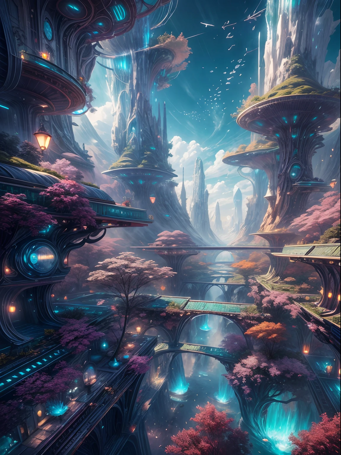 (Futuristic style:1.8),Generate a realistic futuristic landscape with beautiful, gorgeous romantic architecture, the Flying Future Complex, crystal waterfalls from the Flying Future Complex, and highly detailed flowers this is the flying city of the future people. These futuristic cities look like they were carved out of sparkling gemstones, the details clear and intricate, adding to the sense of reality that clouds wisp into beautiful glittering stars in the colorful sky, and the deep blue and purple sky light is mesmerizing, creating a charming atmosphere. Includes many different levels and high visual interest. The environment is large and awe-inspiring, and this is a macro shot. The general atmosphere is one of peace, tranquility and highly detailed sweetness. Includes interesting fantasy elements with colors that complement the rest of the landscape. The sky should be very detailed. The landscape should be very detailed. All buildings should be decorated with intricate details. Includes a glowing and futuristic atmosphere, distributed glass covers, shimmering with colors, many small futuristic details, including rainbows, professionally created majestic landscapes, shimmers and glimmers. Includes lots of bright colors and fuzzy surreal details. Camera: Use dynamic composition to create interest and excitement. CGI, Unreal Engine, Unified Engine, ((Masterpiece)), High resolution, 8k, Best picture quality, High Image Quality, High Image Quality, High Image Quality, 16,RAW, Ultra High Image Quality, Super Detail, Fine Detail, Extremely Fine Beauty, Extremely Detailed, Realistic shadows, Animation, Very Detailed Painting, Award Winning Charm Painting, Wonderful Painting, Art Style, Stylization ,