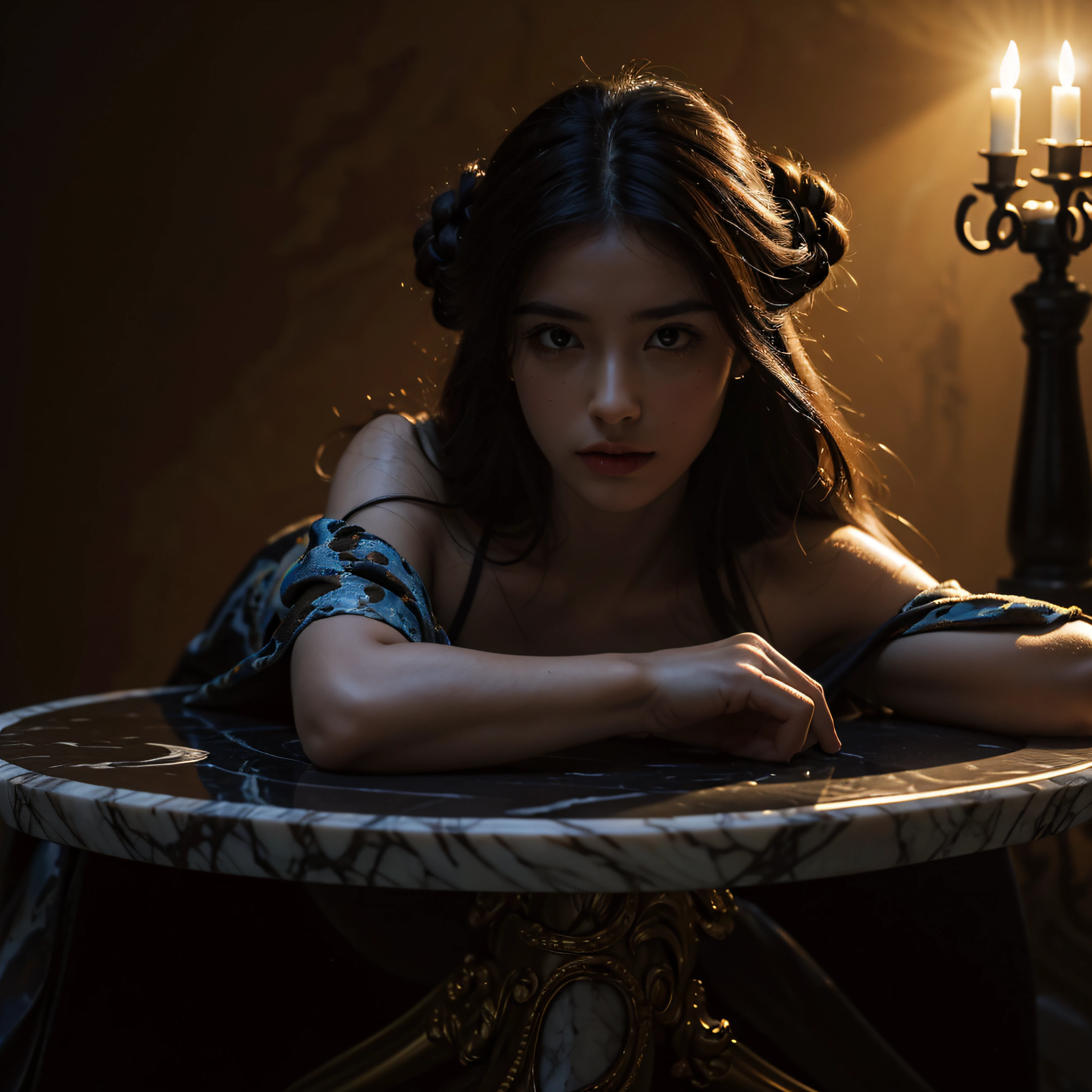 (extremadamente detallado, obra maestra, La mejor calidad, 4k), Estilo oscuro, volumetric illumination. Calaveras de cera, una encima de otra, melting into a marble table. Rococo composition.