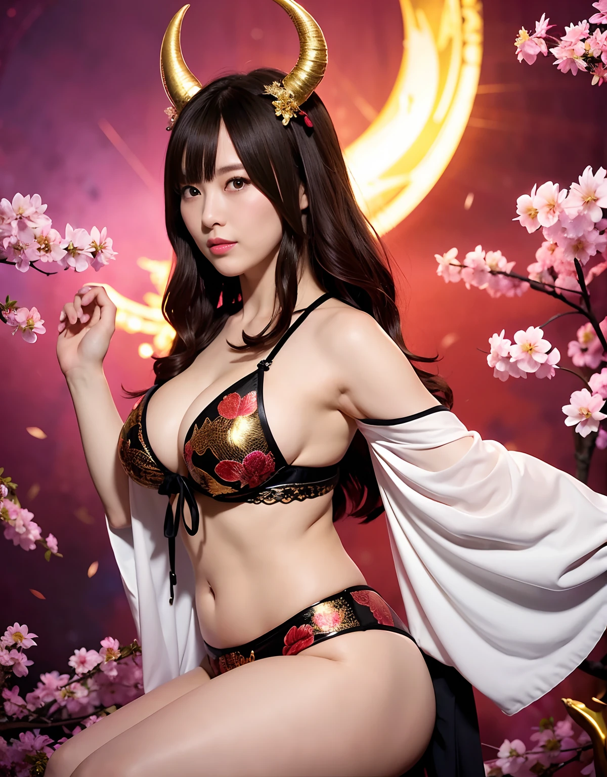 ((World of Darkness)),Professional , masterpiece、top-quality、photos realistic , depth of fields 、(sexypose)、(Background of cherry blossoms in full bloom),(Ultimate Beauty)、A dark-haired、(White bikini armor)、(Kimono with beautiful pattern)、(Night background)、((Wearing a skeleton helmet)),(Wear a beautiful kimono),(Wear a beautiful kimono with colorful floral patterns)、Jewel Gold Weapon、Particles of light),(Has a devil's mask)、Gorgeous gold weapons ,Skeleton population、(( Gorgeous Dragon Sword)) , (a dark night),,(maikurobikini) 、((Black Haired Beautiful Girl))、(Castle background)、(demonic wings)、((Gangle's forest background))、Beautiful Caucasian beauty、1a person、dynamic ungle,(((Two devil's horns on the head)))、Smaller head、Idle Smile、Thin and beautiful female hands、Mystical expression、Light Effects、intense fighting、Wind-effect、magic circles、With the legendary magic wand、Dragon's tail、