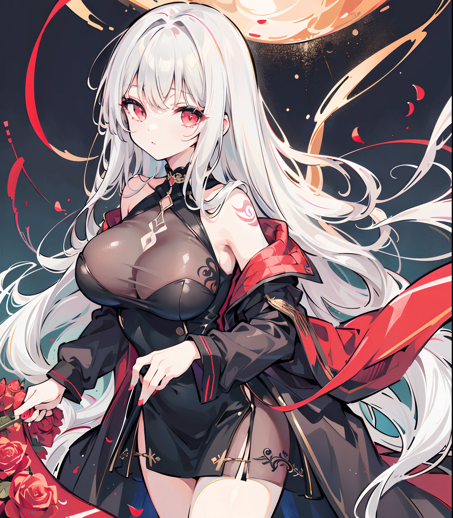 One girl, ((Colossal tits: 1.4)), ((Hi-Res)), ((masuter piece)), ((Best Quality)), (Very detailed)), Large file size, fulcolor, long white hair, Red Eyes, (eye line), ((See-through black dress)), Tattoo of roses all over the body