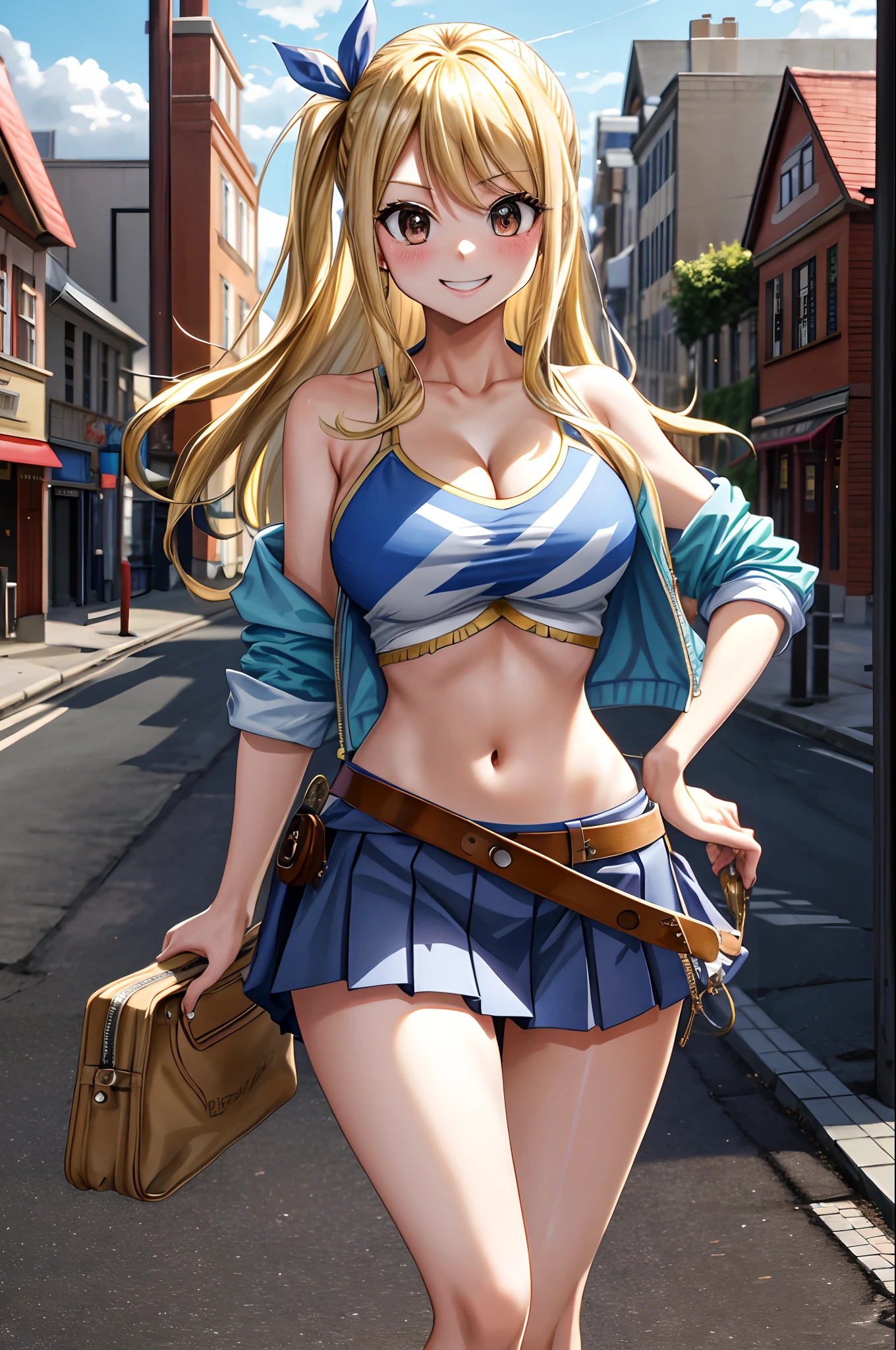 masterpiece, best quality, highres, lucy heartfilia, blonde hair, long hair, large breasts, jacket, crop top, bare shoulder, show stomach, belt, pleated skirt, cowboy shot, standing, looking at viewer, city road, outdoor, modern city road, blush, shy, smile, show teeth, stocking,