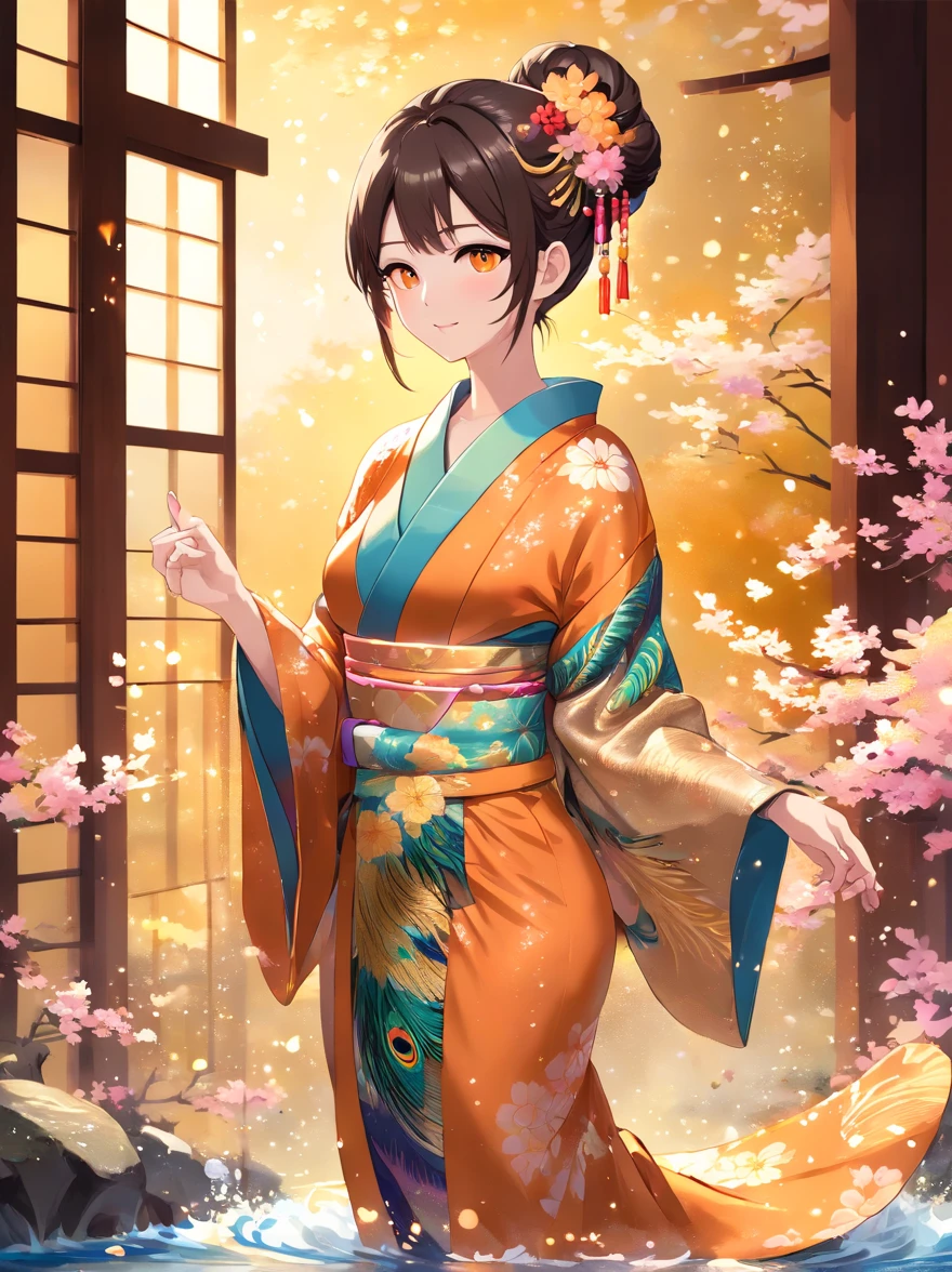 ((Masterpiece, highest quality, super definition, high resolution)), ((cowboy shot | looking back:1.3)), (1 slender woman of Japan, 24 years old), Ultra Detailed Face, Detailed Eyes, Double Eyelids, sony a7, Film grain, a dark night, Photorealistic, one-point perspective, diffuse reflection, colorful shiny particles, Lens Flare, Soft lighting, seductive smile, Dark Brown Hair, ((Hair up)), Nipple bulge, BREAK ((Wearing a Rinpa kimono that uses a lot of glittering golden:1.5)), ((The main color is golden and the Rinpa Kimono has very colorful embroidery:1.2)), (elaborately made classical Japanese Rinpa-style Kimono), ((The embroidery pattern is a peacock, a running water pattern, and colorful flowers):1.2), ((elaborately and elegantly decorated Golden Kimono)), (orange_color Fine Floral Pattern:1.4), (Fine hair ornaments:1.3), Wearing a traditional patterned Japan kimono:1.3, Huge breasts:1.2, (orange_color background:1.3), (Random Japanese Pattern Background:1.4), (gradation:1.3), High Quality, 4K,