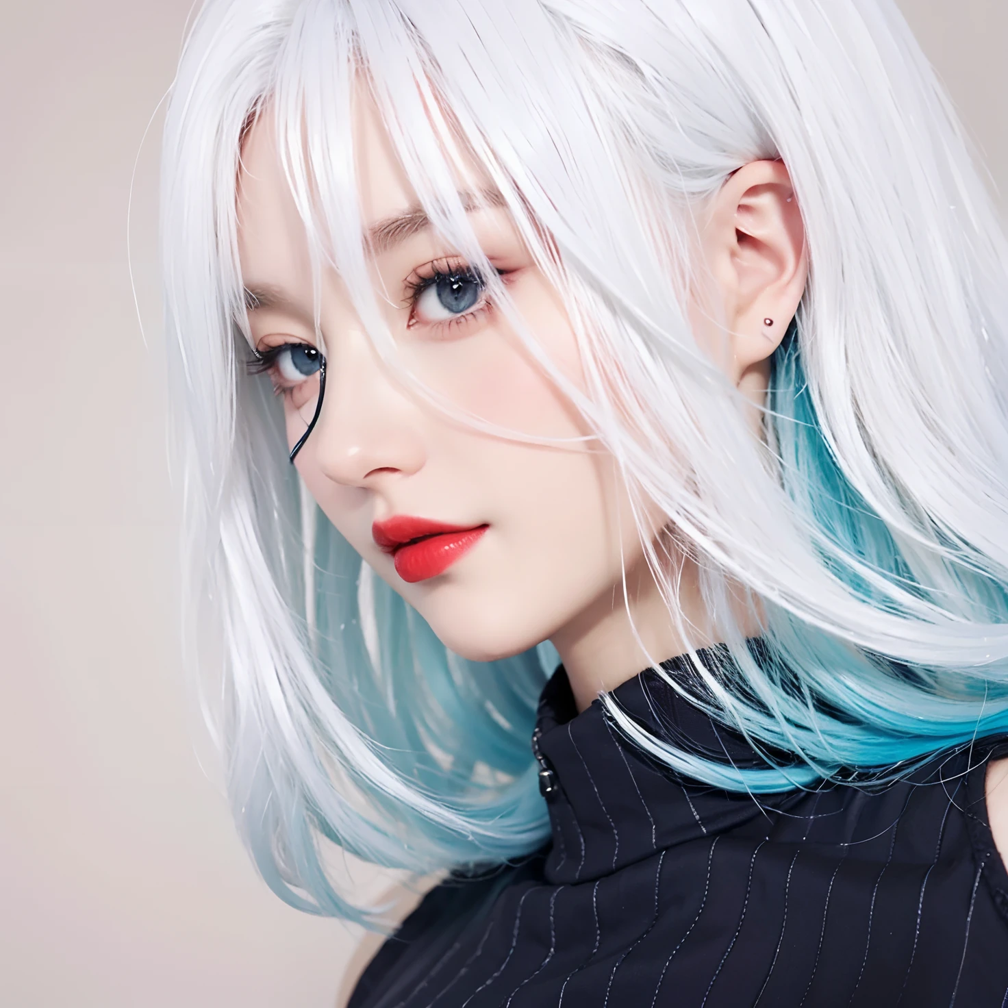 beatiful young lady,white hair,red lip,realistic art,