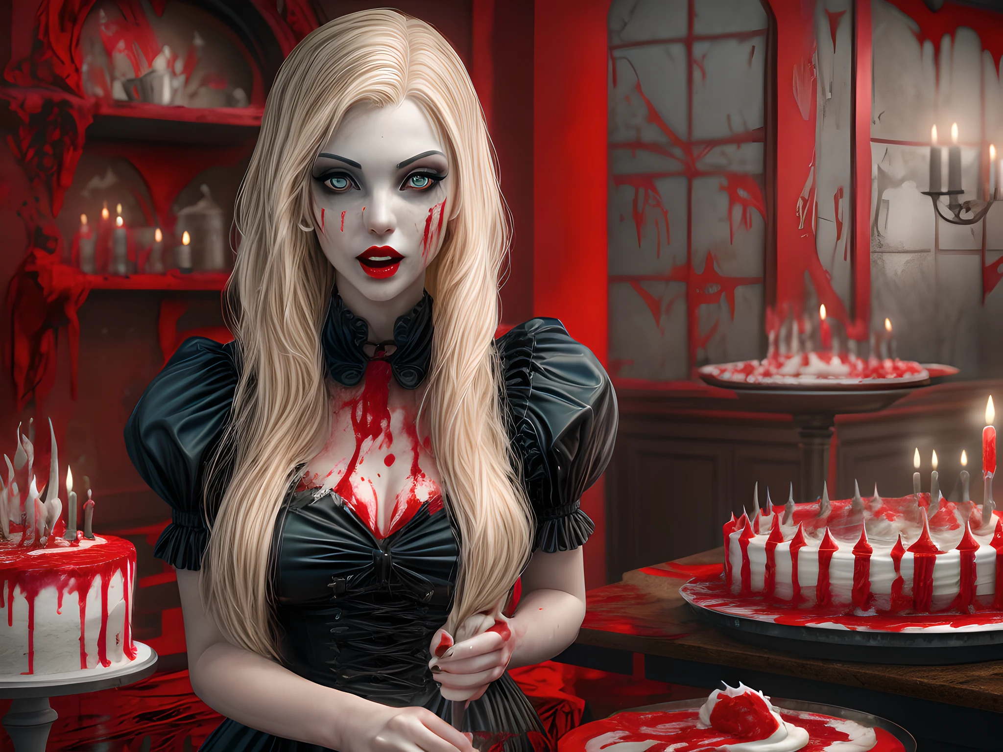 a 3D picture of extremely (beautiful female vampire: 1.4) looking at (red MasterChef style cake: 1.5), an exquisite beautiful vampire, full body, ultra feminine ultra detailed face, blond hair, short hair, pale skin, red lips, blue eyes, (vampiric fangs: 1.2) wearing sexy white seductive latex dress, blood stains on the dress, looking at a red Bakeoff, award winning cake, 2 floors, decorated with red whipped cream, and artful stylish decorations, blood dripping from the cake, dark castle style kitchen background, dim candles light, dark fantasy art, gothic art, dynamic angle, best details, best quality, 16K, [ultra detailed], masterpiece, best quality, (ultra detailed), full body, ultra wide shot, photorealistic, 3D rendering,