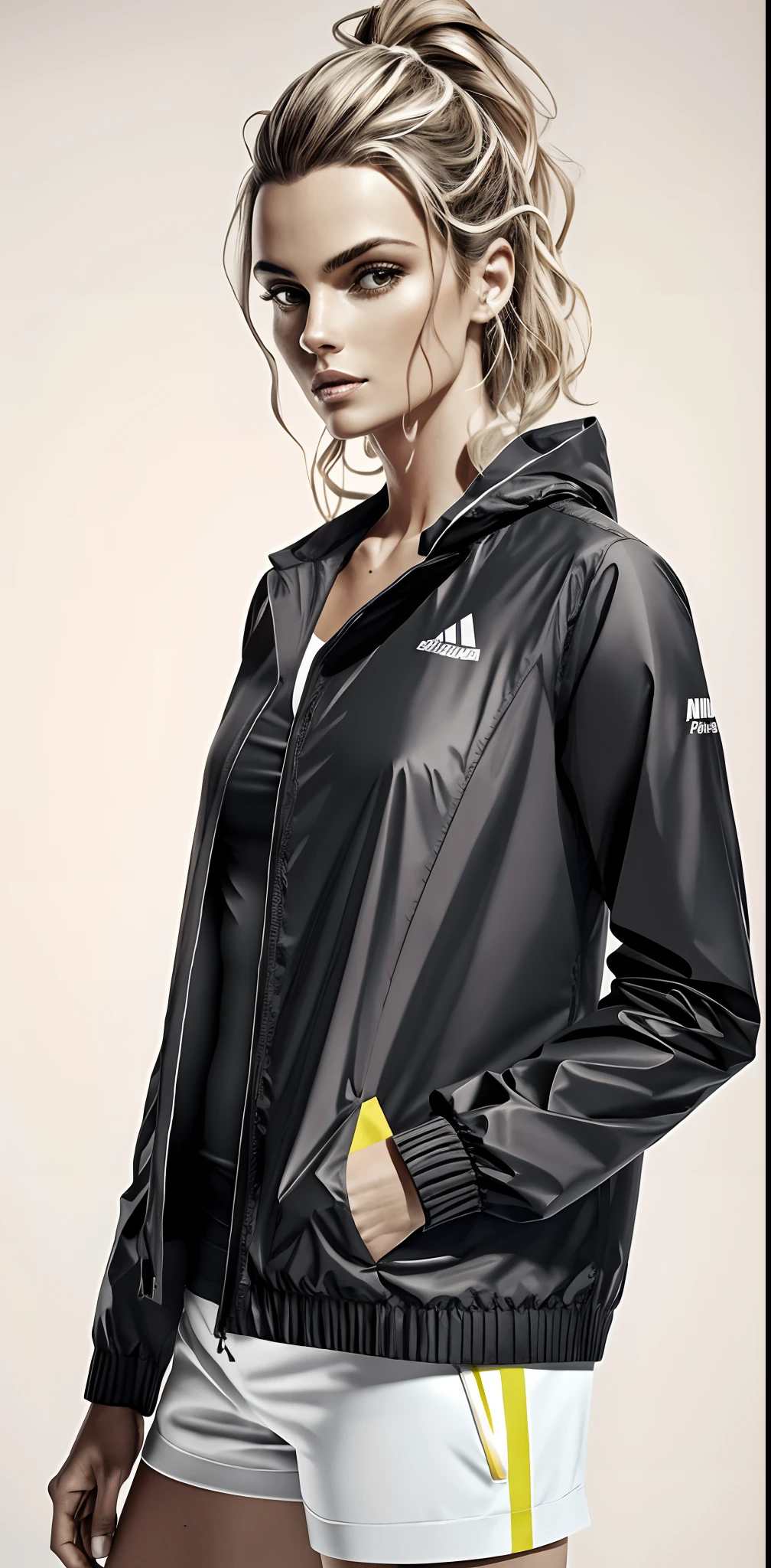 A woman in a black jacket and white shorts stands, roupas esportivas, roupas esportivas, poncho, encapuzado, she is wearing a wet coat, jaqueta preta e vermelha, profile close-up view, in tennis coat, Foto de perfil, Sleek waterproof design, jaqueta esportiva, pelagem preta e laranja, roupas esportivas fofas, Oversized, suit jacket, casaco para uma rave, fotografia realista, fotografia, obra-prima, realista, Realismo, renderizado, Alto contraste, Arte Digital, fotográficorealista, trend in Artstation 8k HD, high definiton, circunstanciado, Realistic, detalhada, textura da pele, hiperdetalhada, Textura realista da pele, melhor qualidade, ultra high-resolution, (fotografia realista: 1.4), alta resolução, detalhada, fotografia crua, Crisp resolution, Nikon d850 filme, fotografia de stock 4, Kodak Portra 400 Camera F1 Lens.6, textura hiper realista, lighting dramatic, Unrealistic trend in Artstation Cinestill 800, RAW.