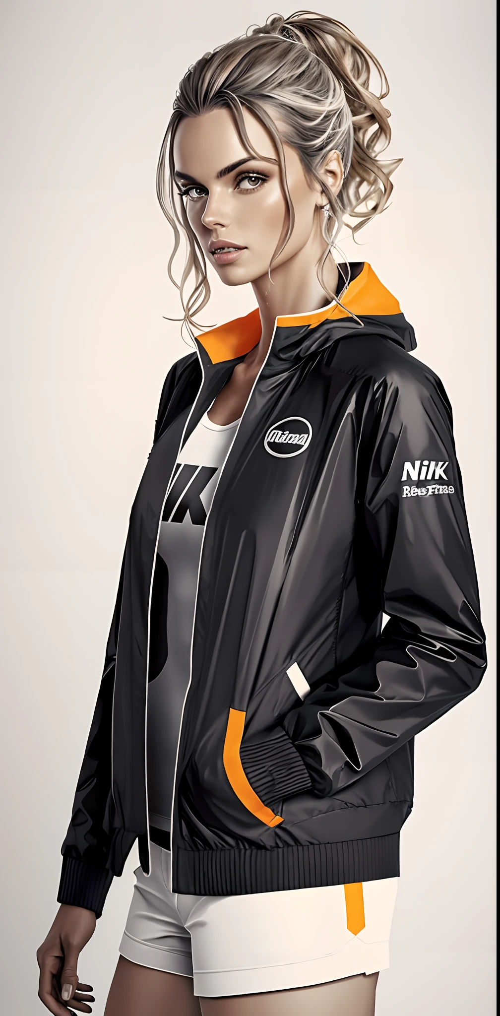 A woman in a black jacket and white shorts stands, roupas esportivas, roupas esportivas, poncho, encapuzado, she is wearing a wet coat, jaqueta preta e vermelha, profile close-up view, in tennis coat, Foto de perfil, Sleek waterproof design, jaqueta esportiva, pelagem preta e laranja, roupas esportivas fofas, Oversized, suit jacket, casaco para uma rave, fotografia realista, fotografia, obra-prima, realista, Realismo, renderizado, Alto contraste, Arte Digital, fotográficorealista, trend in Artstation 8k HD, high definiton, circunstanciado, Realistic, detalhada, textura da pele, hiperdetalhada, Textura realista da pele, melhor qualidade, ultra high-resolution, (fotografia realista: 1.4), alta resolução, detalhada, fotografia crua, Crisp resolution, Nikon d850 filme, fotografia de stock 4, Kodak Portra 400 Camera F1 Lens.6, textura hiper realista, lighting dramatic, Unrealistic trend in Artstation Cinestill 800, RAW.