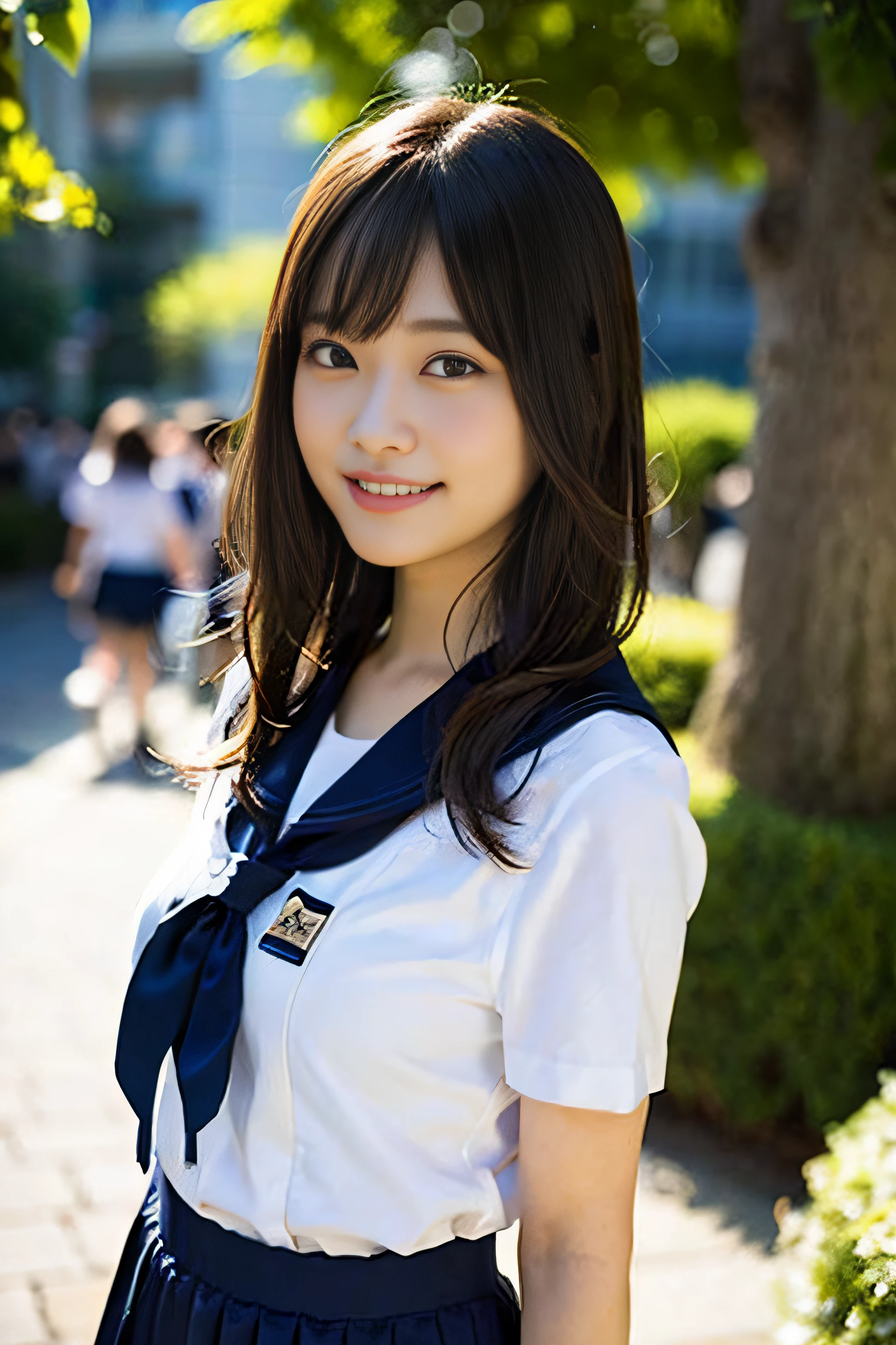 (8K、Raw photography、top-quality、​masterpiece:1.2)、(realisitic、Photorealsitic:1.37)、ultra-detailliert、超A high resolution、女の子1人、see the beholder、beautifull detailed face、A smile、Constriction、(Slim waist) :1.3)、Beautiful detailed skin、Skin Texture、Floating hair、Professional Lighting、Whole human body、Longhaire、a blond、japanese hight school uniform、a sailor suit、a park、Bob Hair、Happy smile、、Dark blue skirt、夏天