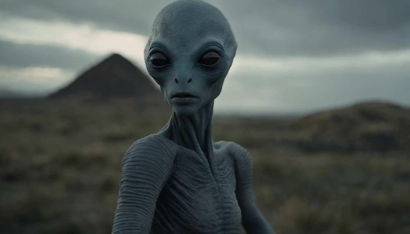 Ethereal alien creature with bluish-gray skin,中景 the scene is,cuerpo completo como,VFX surrealista altamente detallado 16K,OC renderizado,Disparo con 70 mm - AR 16:9 --q 2 --s 1000. Cinnamatographic lighting, en el campo, se comunican con el espacio exterior y otros planetas, se comunica