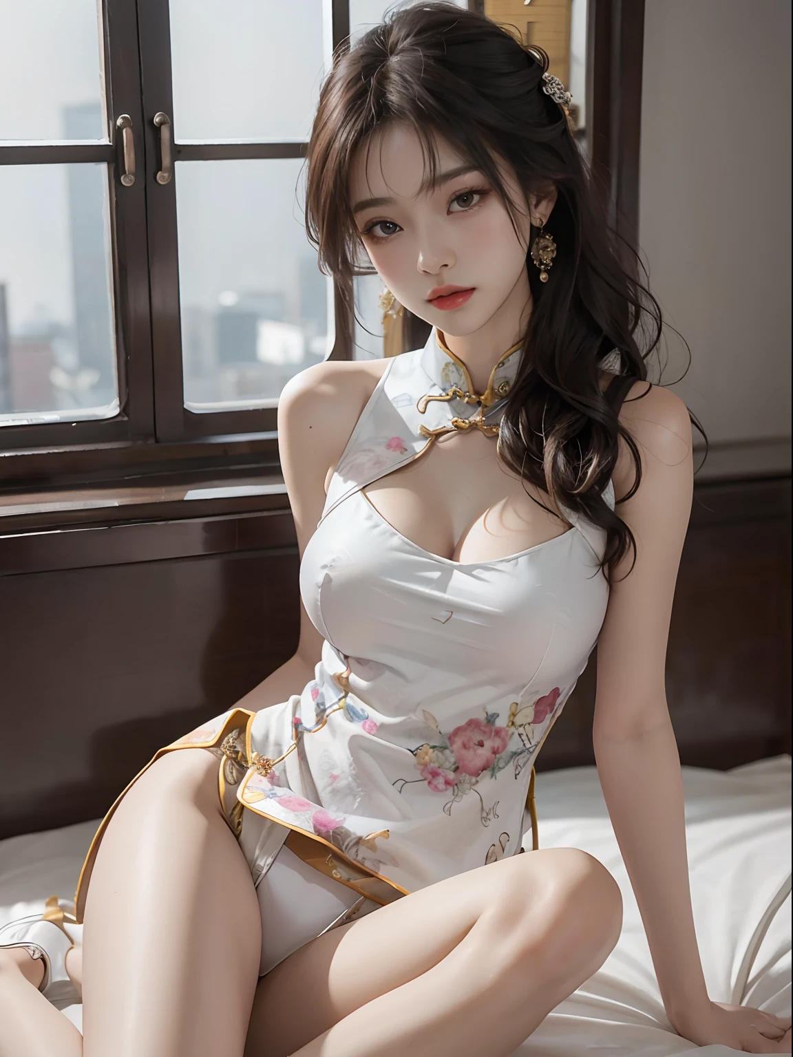 (from outside) (shiny skins), many colors,Best quality at best,tmasterpiece,photograph realistic,intricated details,Raw-Photo,court,Colorful cheongsam in different colors,Extra-long hair,Cropped shoulders,a delicate face,Cleavage exposure,decoration,in bed,Onchipao(Onchipao(Onchipao(On Cheongsam))),lace,Underdressing,decoration,thighs exposed,close-up from the front,looking at camera, White panties