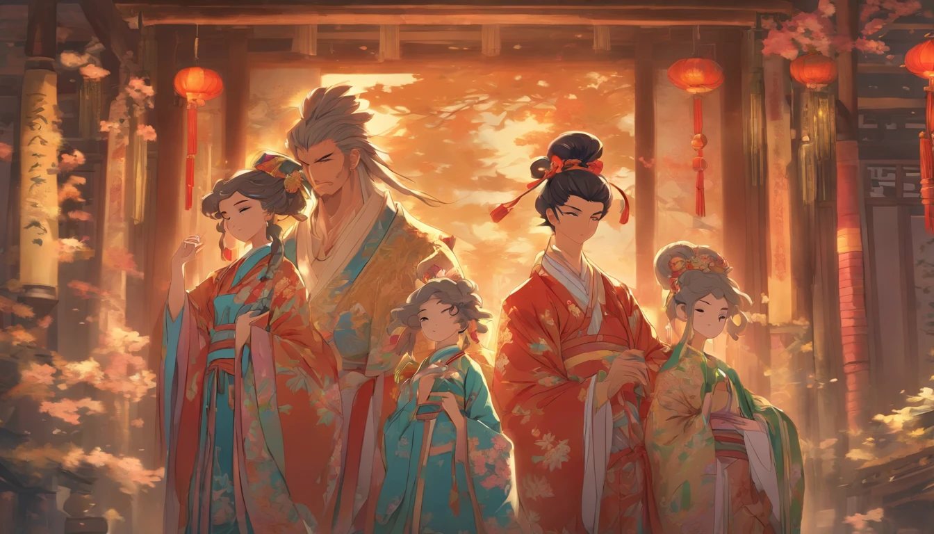 Poor family of three, ancients, chinoiserie, harmony, tattered clothes