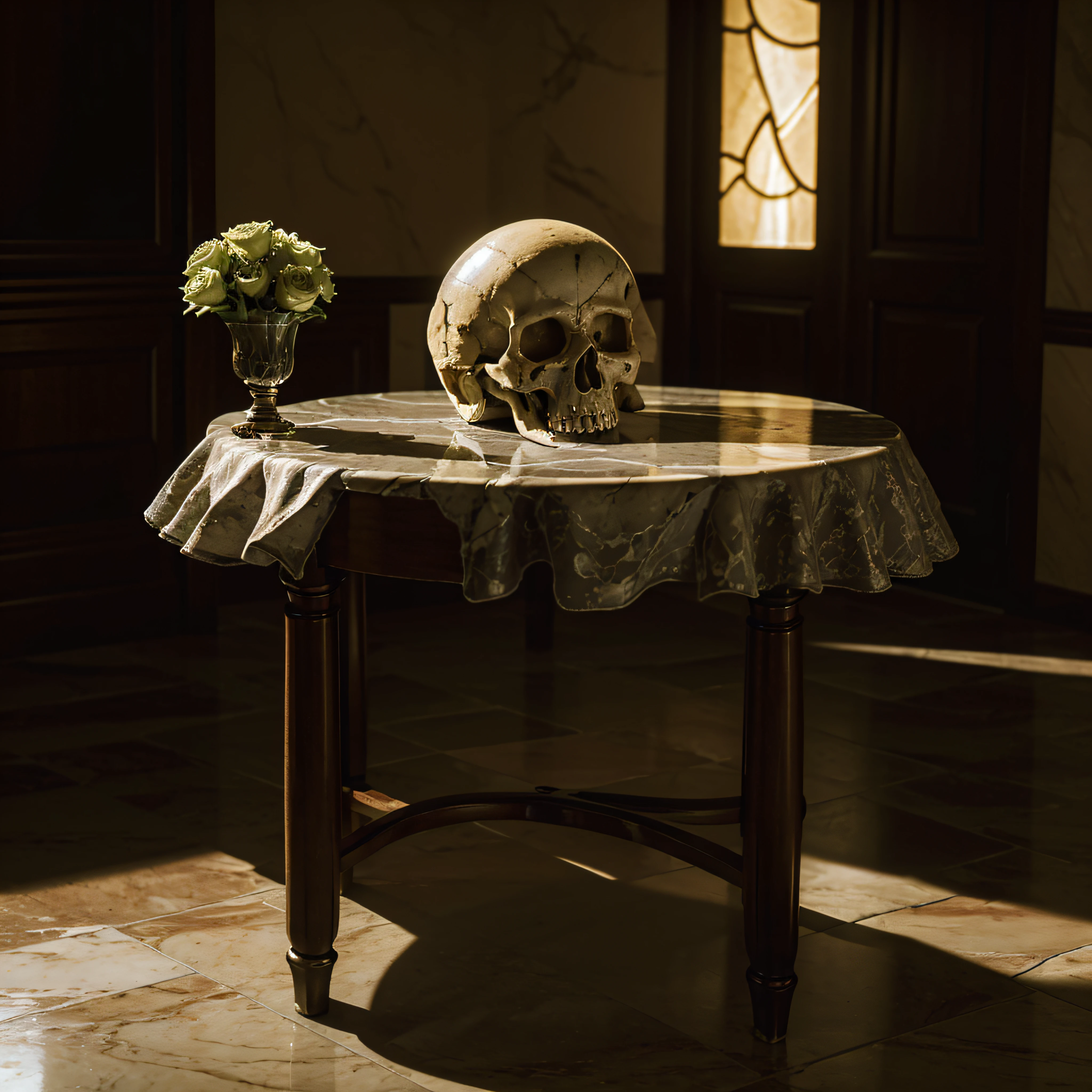 (extremadamente detallado, obra maestra, La mejor calidad, 4k), Estilo oscuro, volumetric illumination. Calaveras de cera, una encima de otra, melting into a marble table. Rococo composition.