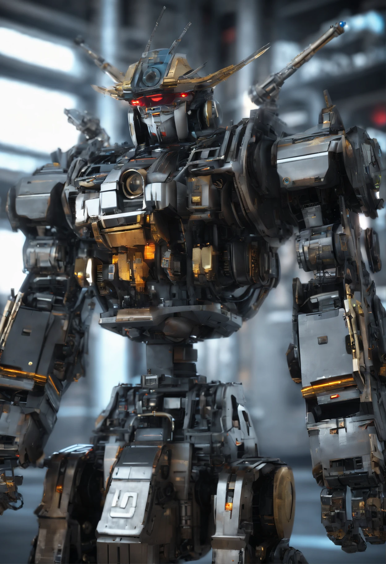 Gundam mecha , science fiction, front view, Sense of technology, C4D, Oc renderer, unreal engine, high detail, industrial design, 8k HD, studio light, retro ,look like wall-E and R2D2