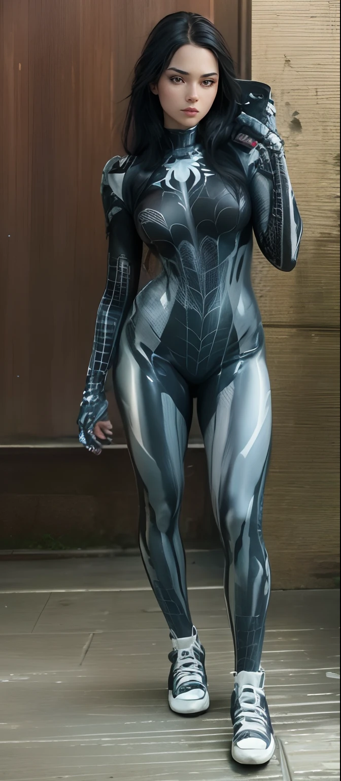 masterpiece,8k,lifelike,good lighting,(( 25 year old girl,black spiderman venom suit,There is a white area on the chest))),long hair,dull,cute face,rain,roof,masterpiece,Crack details,perfect anatomy,(((sway within the network))),( spread your legs, camel toe,, vulva shape:1.3),(GGcamel toe:1.3),