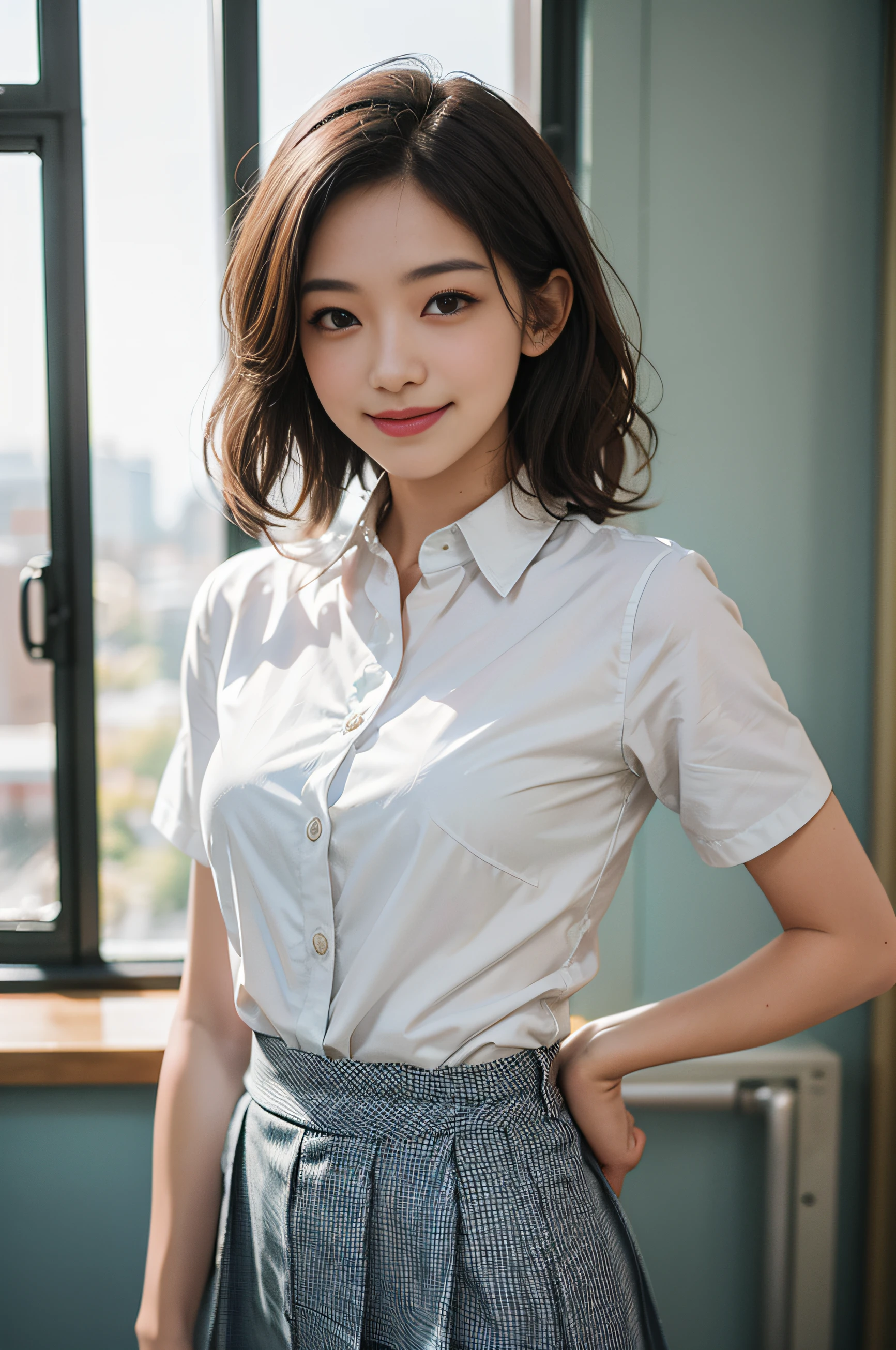 Innocent 20 year old girl、((Office Lady of the Japan, sexy office shirt, Skirt, Cute and elegant, Dramatic poses)),Smile,background at room,short-cut、Raw photo, (8K、top-quality、​masterpiece:1.2)、(intricate detailes:1.4)、(Photorealsitic:1.4)、octane renderings、Complex 3D rendering ultra detail, Studio Soft Light, Rim Lights, vibrant detail, super detailing, realistic skin textures, Detail Face, Beautiful detail eyes, Very detailed CG Unity 16k wallpaper, make - up, (detailedbackground:1.2), shinny skin, Full body,Hands down、Spread your legs and show your panties,sit on a bench