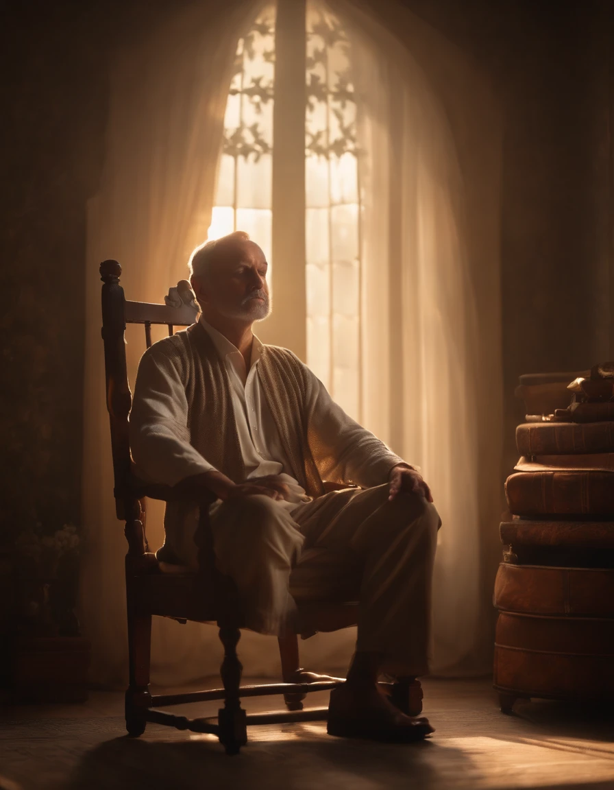 (best quality,4k,8k,highres,masterpiece:1.2),ultra-detailed,(realistic,photorealistic,photo-realistic:1.37),a man meditating in an old chair, closed eyes and a faint smile, celestial background, weathered antique chair, serene atmosphere, peaceful ambiance, soft lighting, vintage furniture, tranquil scene, contemplative mood, relax and calm, peaceful meditation, profound stillness, ancient chair, ethereal backdrop, golden rays of light, spiritual connection, serene expression, vintage charm, subtle happiness