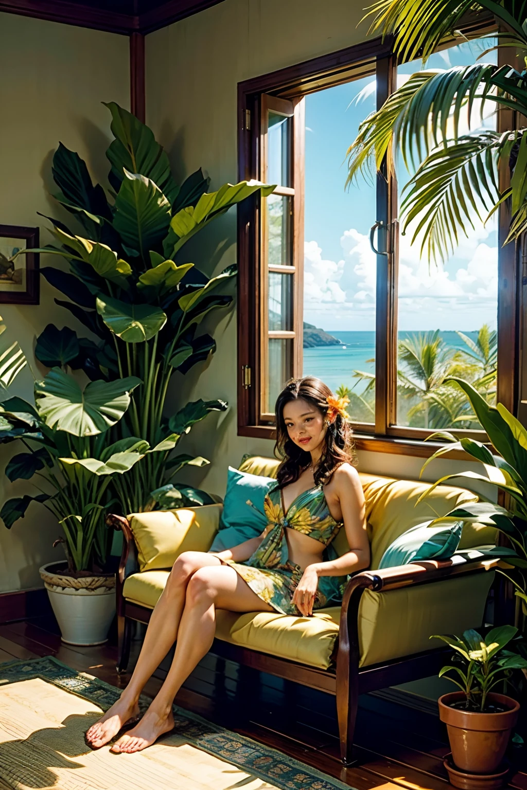 A room that belongs to a Hawaiian beauty, tropical plants, mood is warm, tropical, sensitive, soothing, artistry, happiness, caressing, emoting.