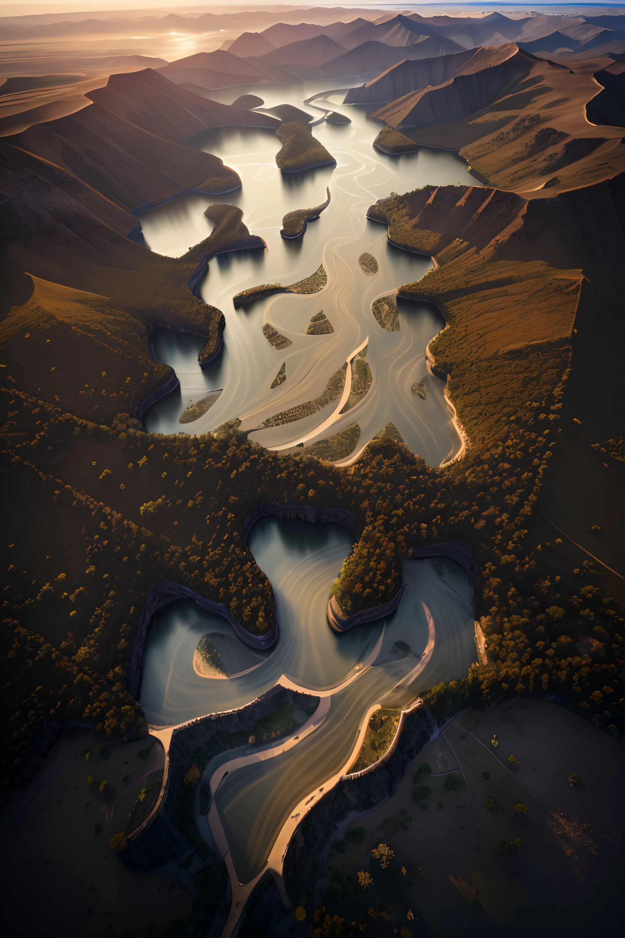 Mountain peaks, rivers, meandering, clouds, (intricate details), HDR, (intricate details, hyperdetailed: 1.2), cinematic shots, vignettes, centered