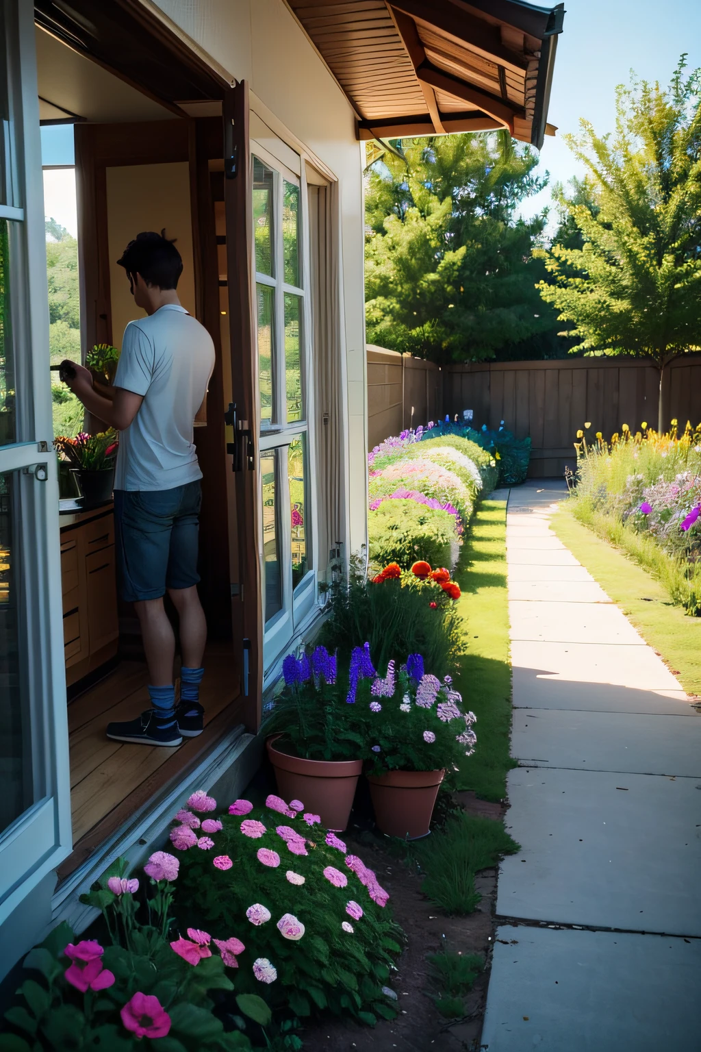 person picking flowers in the backyard of a simple house