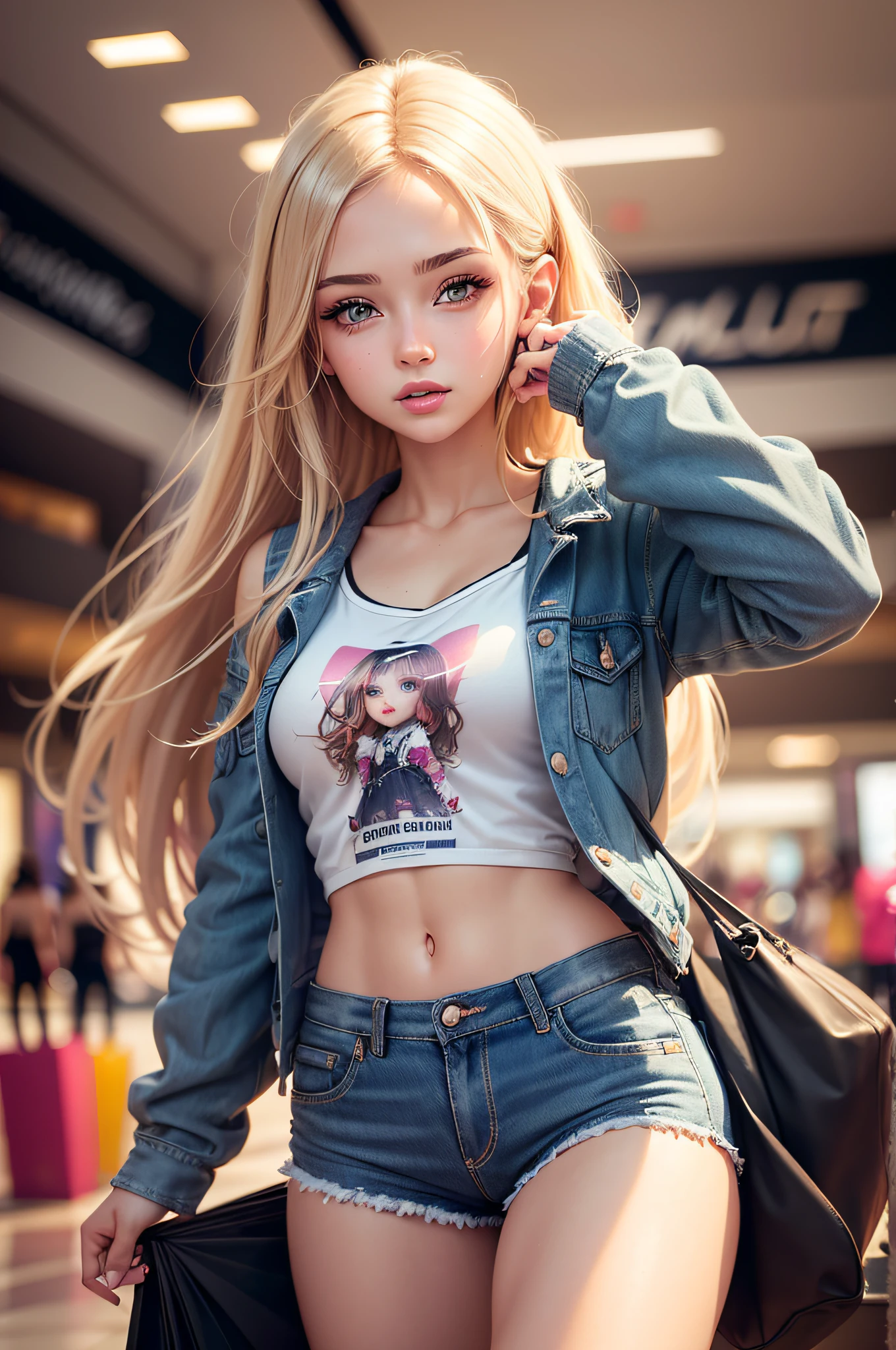 (Mikayla Demaiter) person posing in a mall clothing store, best quality, 1girl, blur background, bokeh, (mall:1.4), ((wearing casual clothes)), gorgeous, , beautiful detailed sky, (dynamic pose:1), soft lighting, wind, (()),